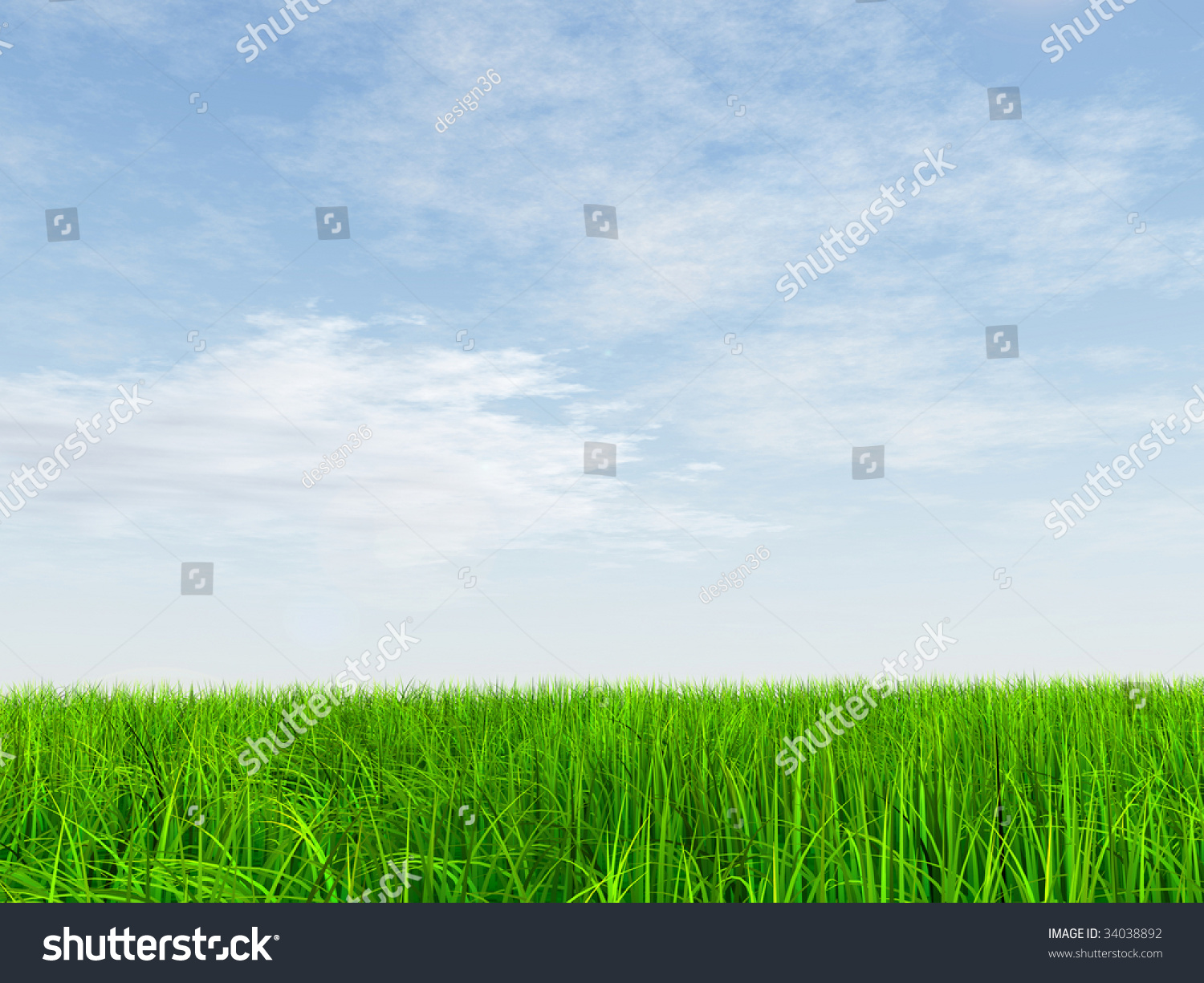 High Resolution 3d Green Grass Over A Blue Sky With White Clouds As