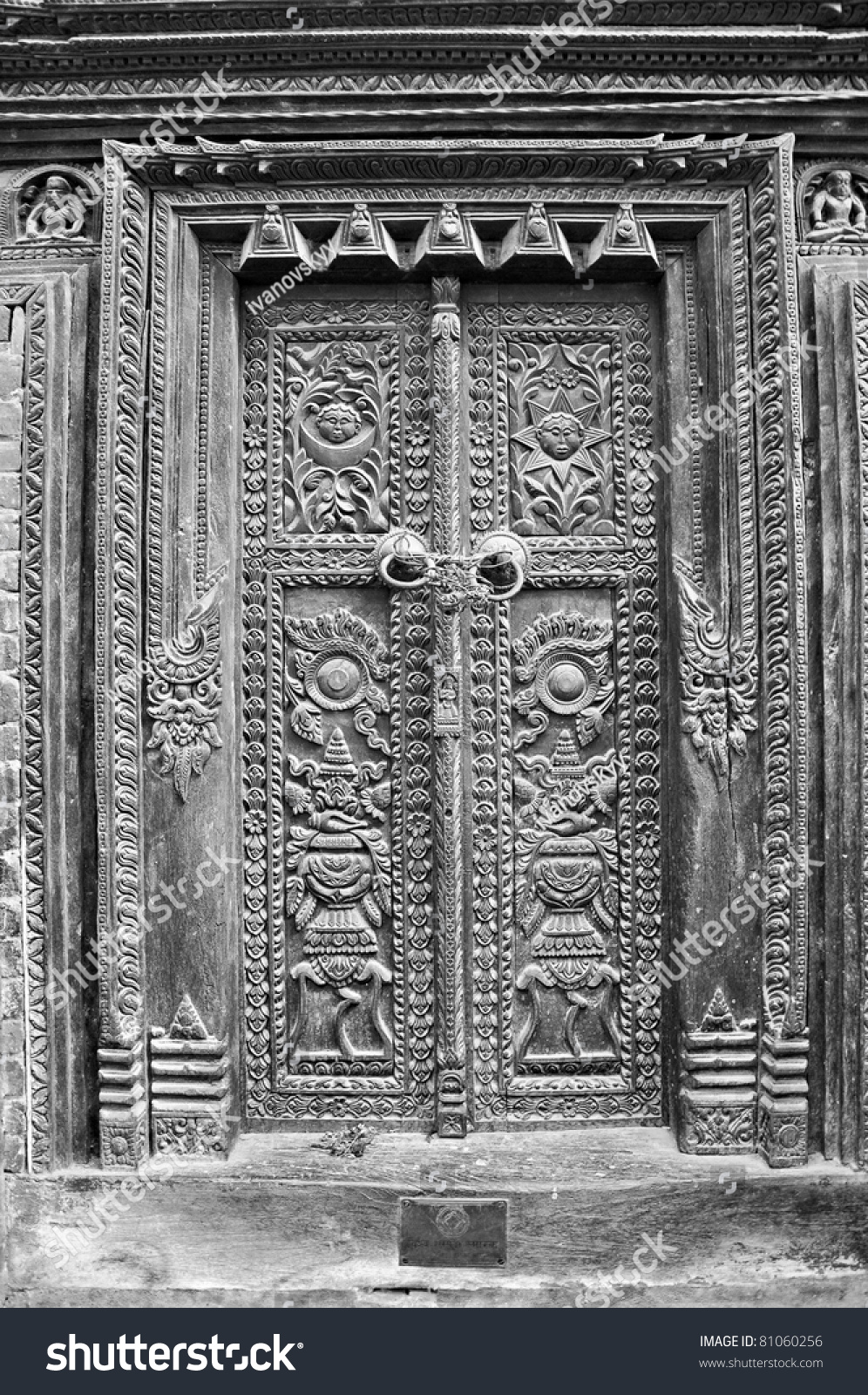 Hindu Temple Wooden Carved Door Detail Bhaktapur Nepal B W Photo