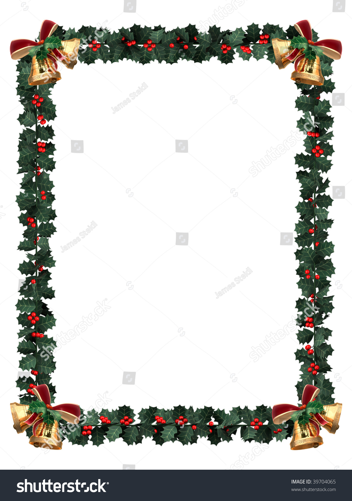Holly Garland Border With Gold Bells On A White Background With Letter 