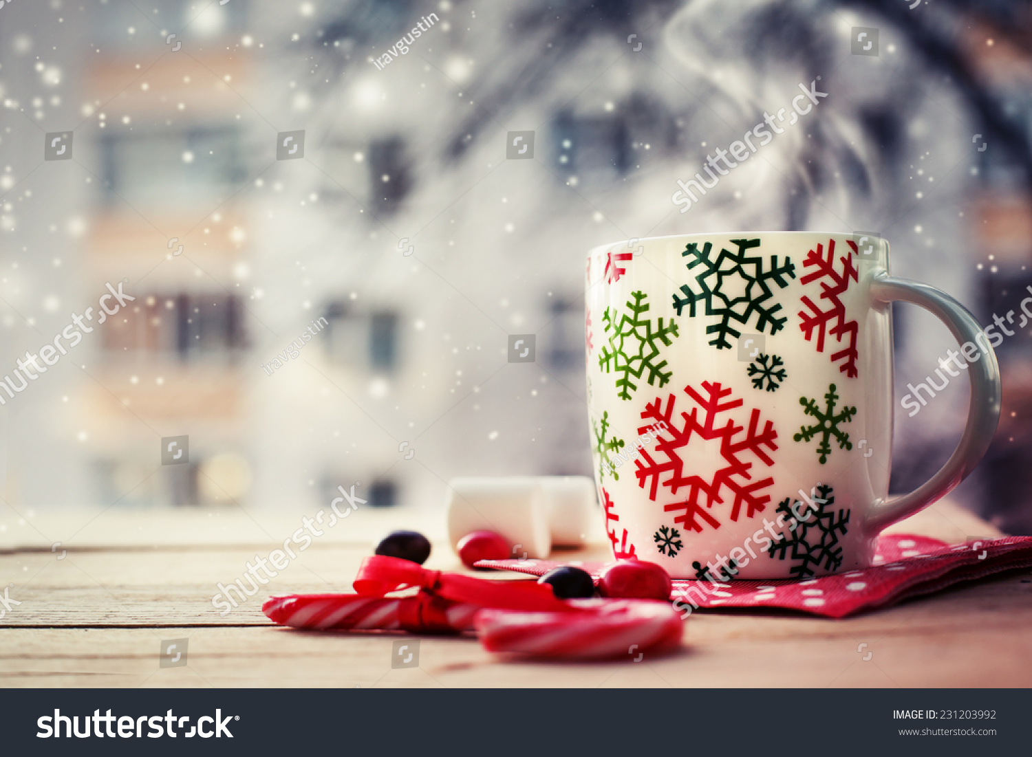 Hot Coffee Cup On A Frosty Winter Day Window Background With Candy ...