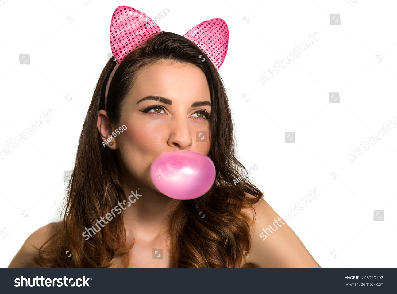 Hot Playful Brunette Model Blowing Pink Chewing Bubble Gum Looking Up