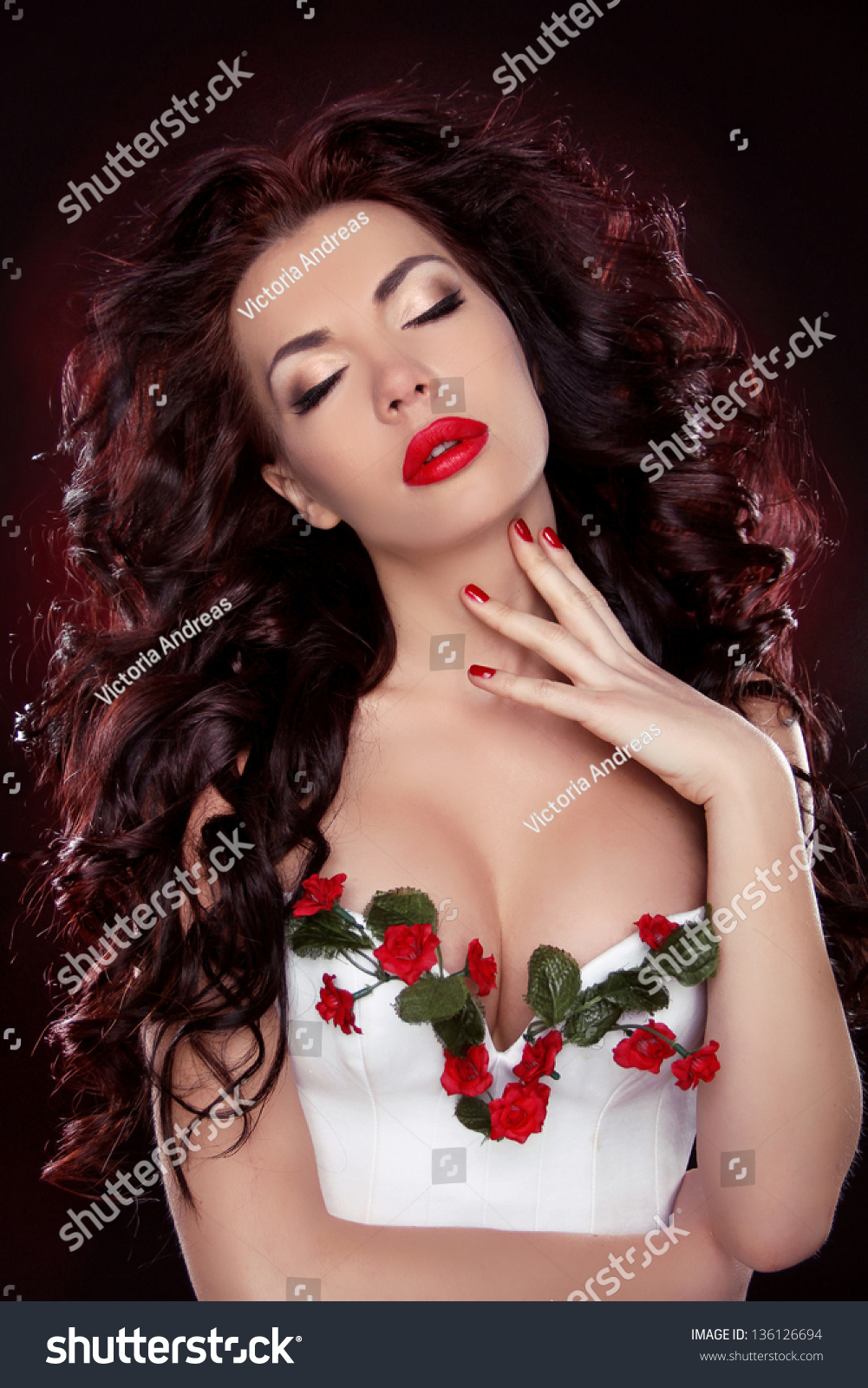 Hot Red Lips Portrait Of Sexy Brunette Girl With Professional Make Up