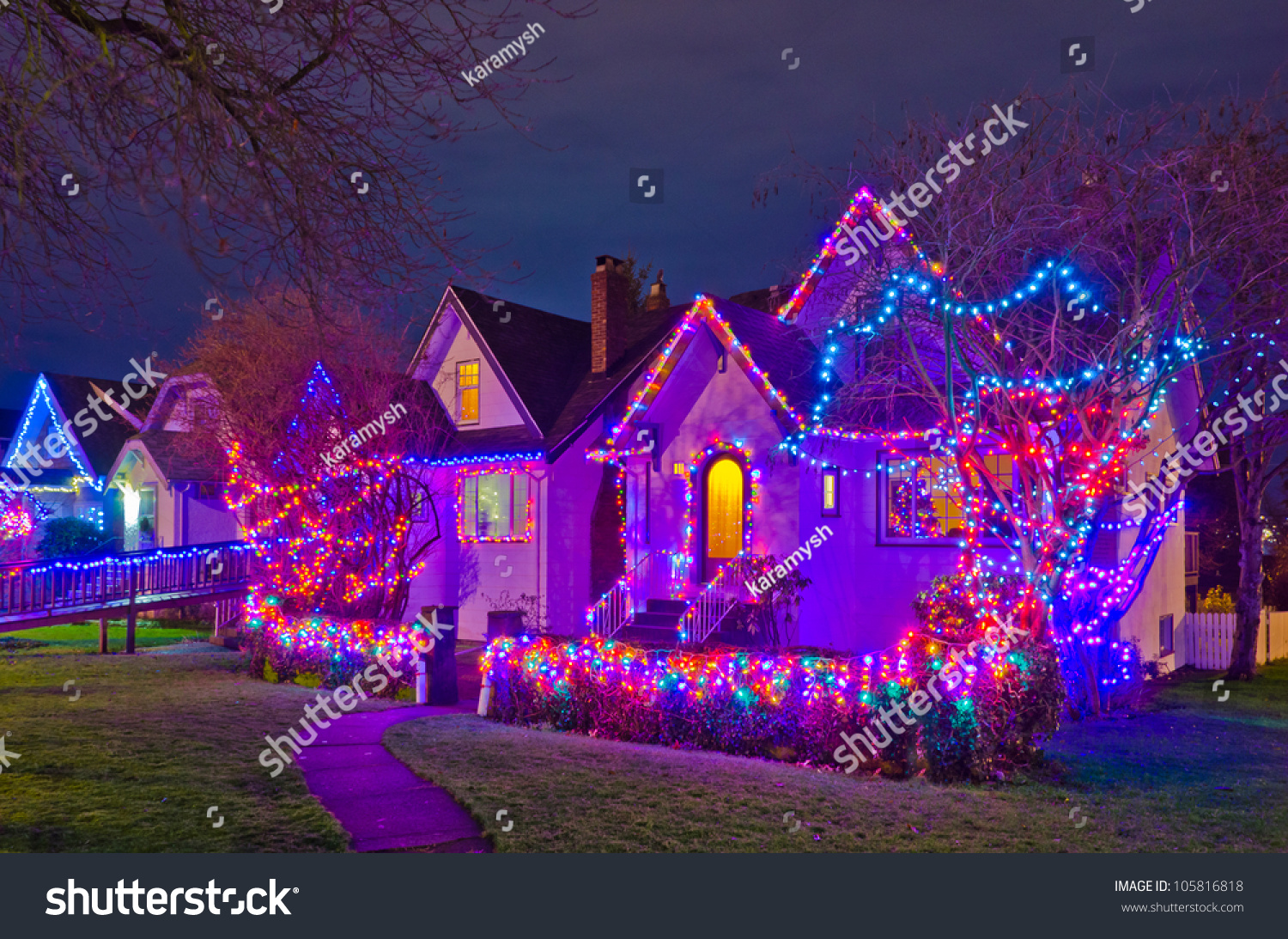 House Decorated Lighted Christmas Night Vancouver Stock Photo 105816818