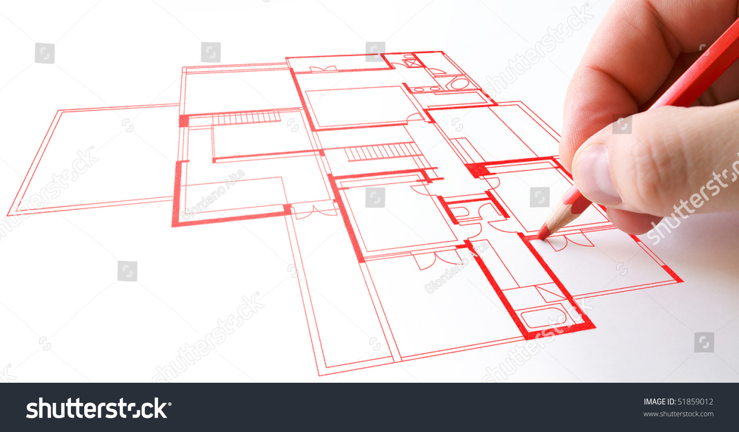 House Plan Drawing With Red Pencil On Paper Stock Photo 51859012 Shutterstock