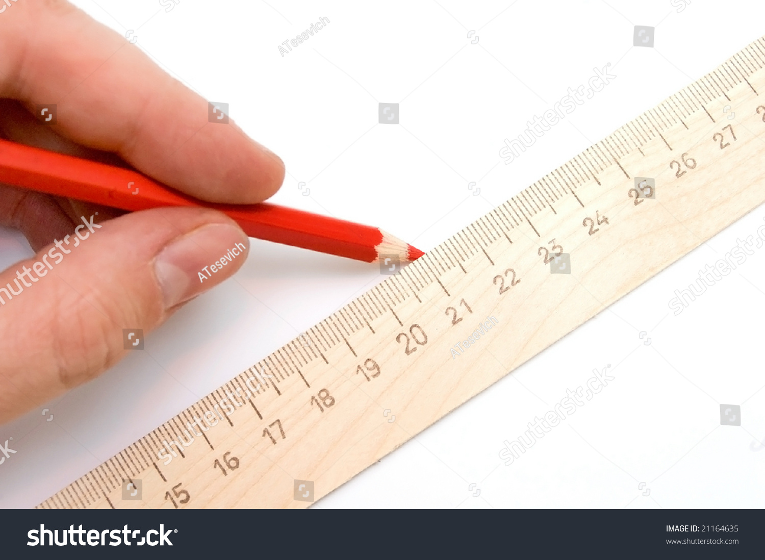 Human Draw Using Pencil And Ruler, Isolated On White Stock Photo