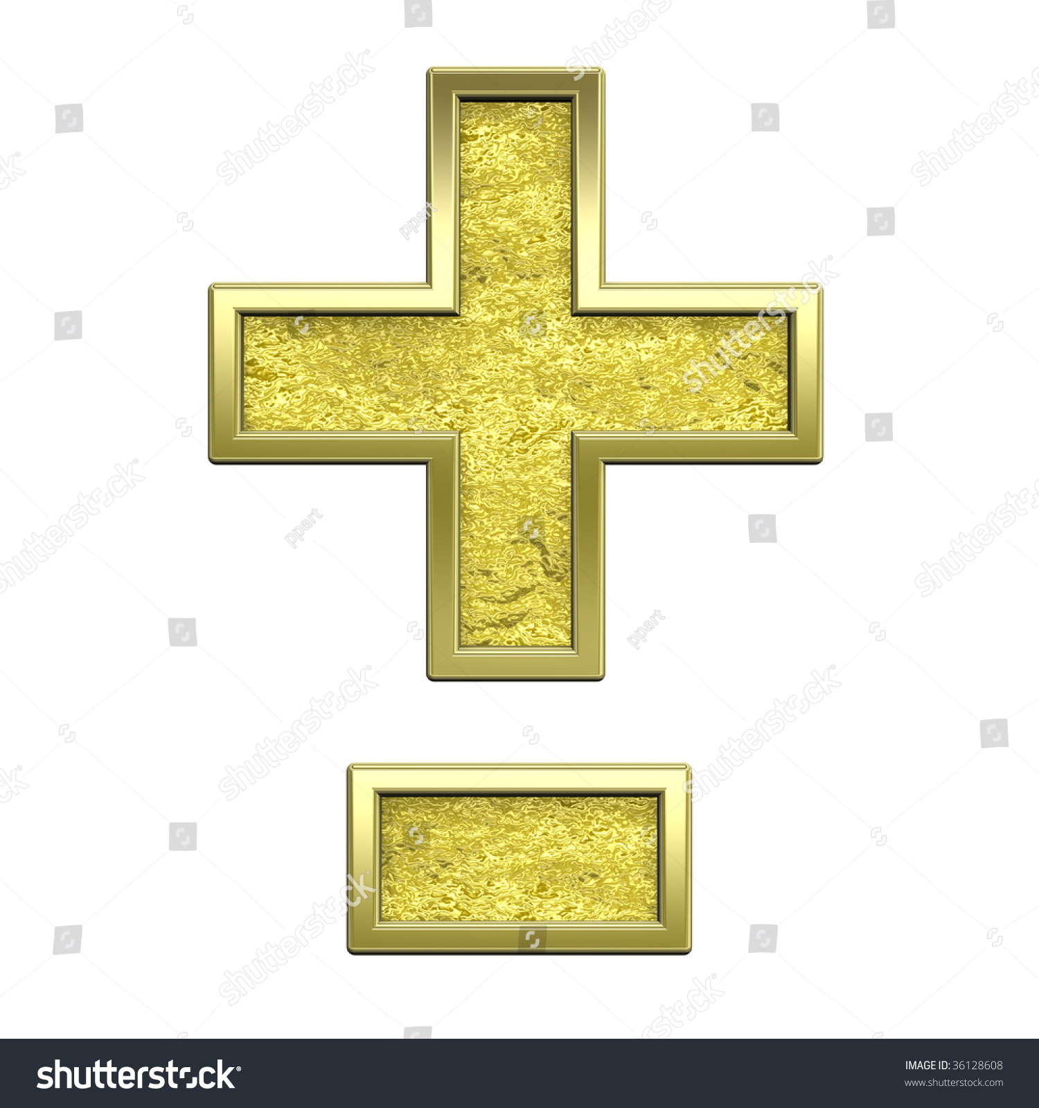 Hyphen, Minus, Plus Marks From Gold Cast Alphabet Set, Isolated On
