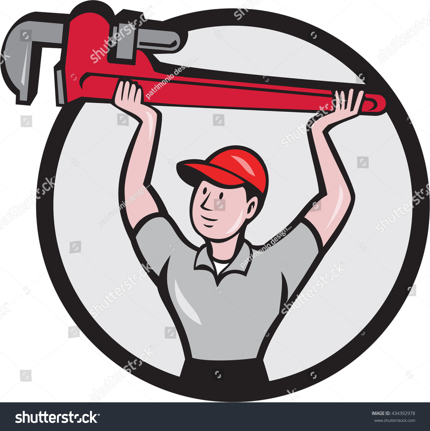 Illustration of a plumber lifting giant monkey wrench over head looking to the side viewed from front set inside circle on isolated background done in cartoon style Illustration of a plumber lifting giant monkey wrench over head looking to the side viewed from front set inside circle on isolated background done in cartoon style