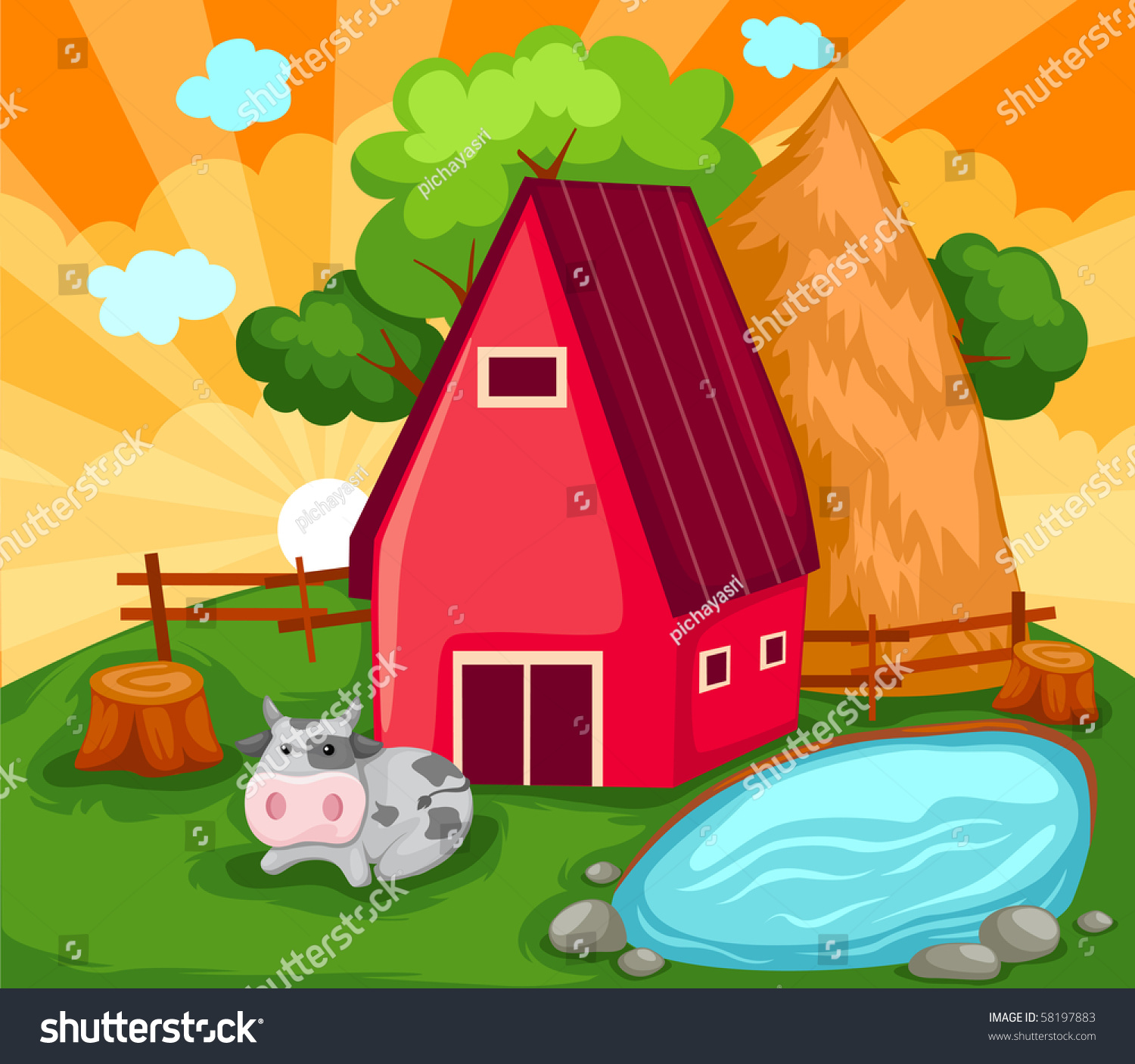 Illustration Of Landscape Cartoon Farm House - 58197883 : Shutterstock