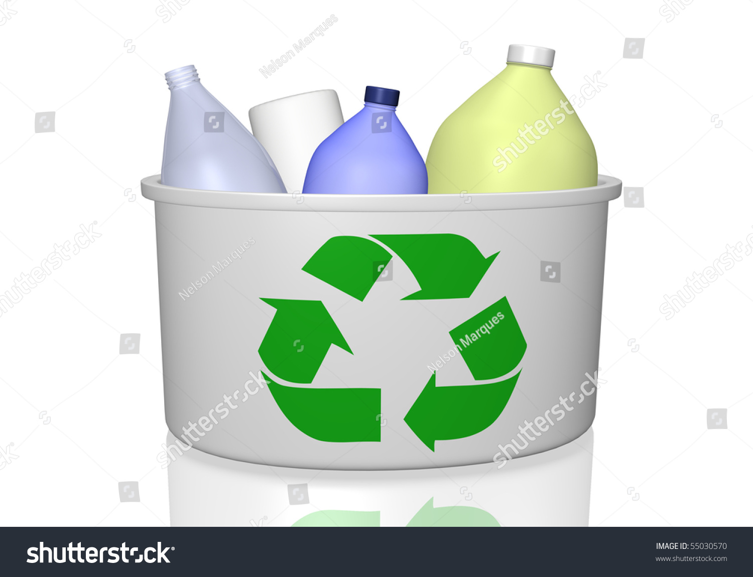 Image Of A Recycle Bin And Empty Bottles Isolated On A White Background. Stock Photo 55030570