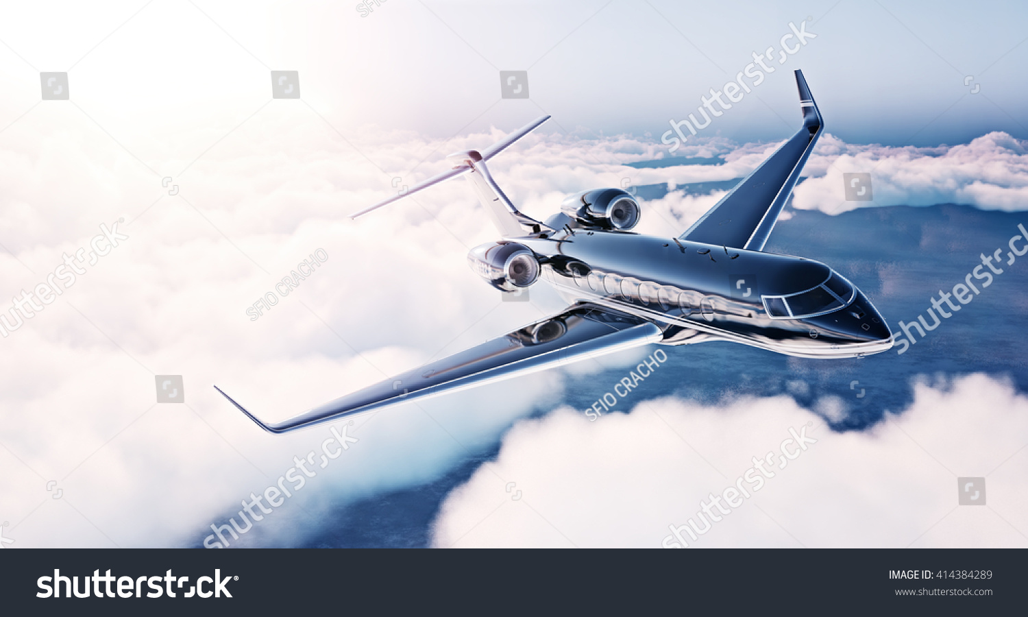 Image of black luxury generic design private jet flying in blue sky at sunrise Huge white clouds background Business travel concept Horizontal front view 3D rendering Image of black luxury generic design private jet flying in blue sky at sunrise Huge white clouds background Business travel concept Horizontal front view 3D rendering