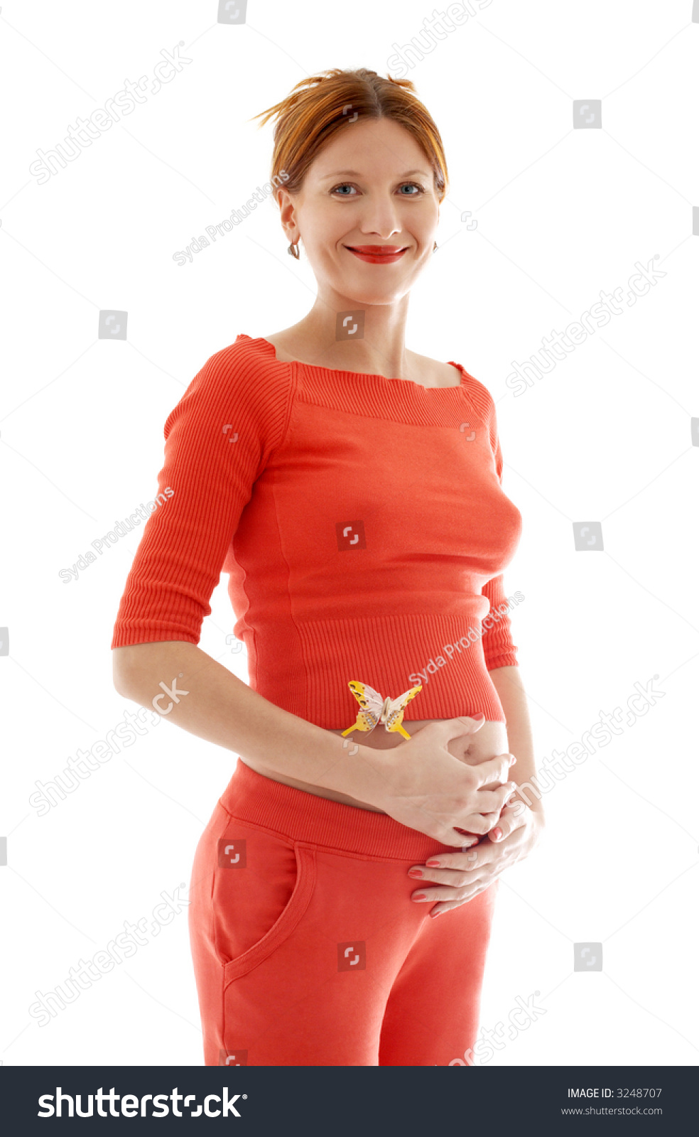 Image Of Pregnant Redhead With Butterfly On Belly Stoc