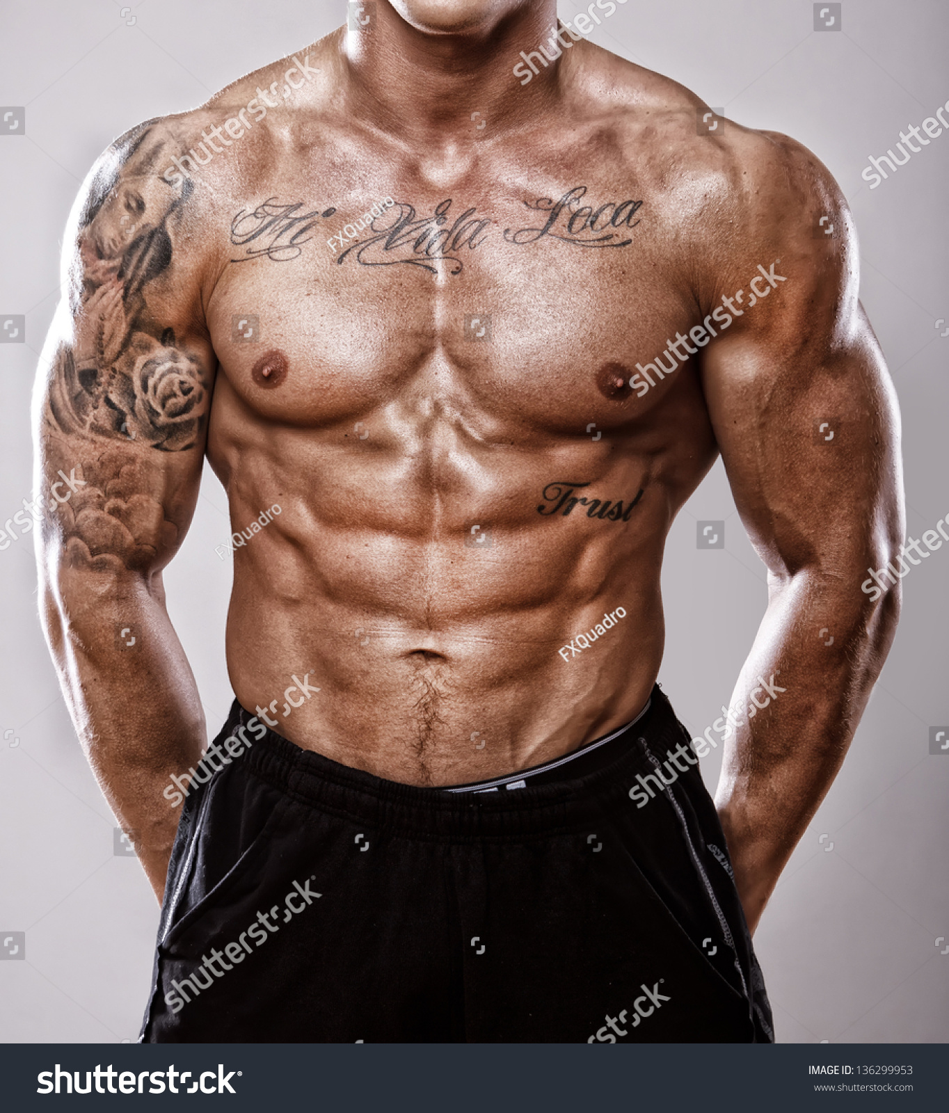 Image Of Well Trained Tattooed Male Body Stock Photo 136299953