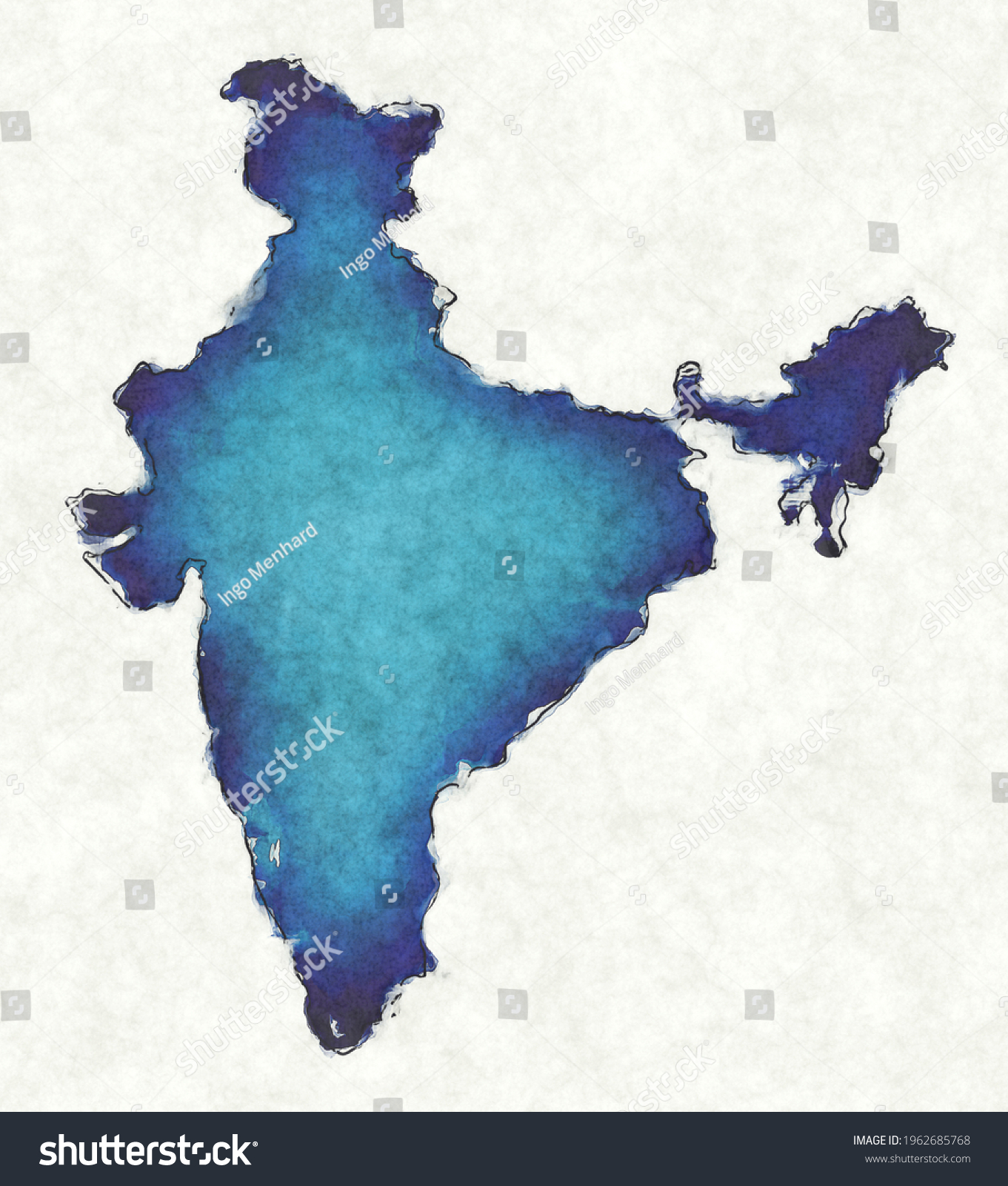 India Map Drawn Lines Blue Watercolor Shutterstock