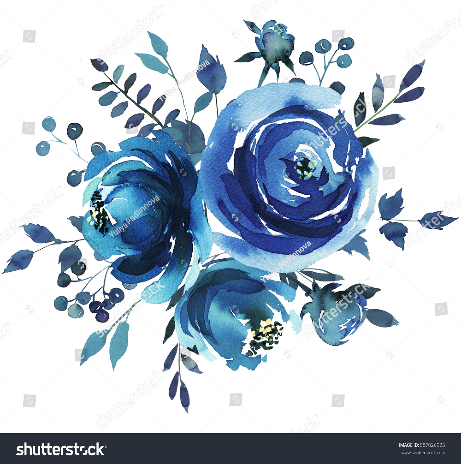 Indigo Blue Watercolor Hand Painted Floral Stock Illustration