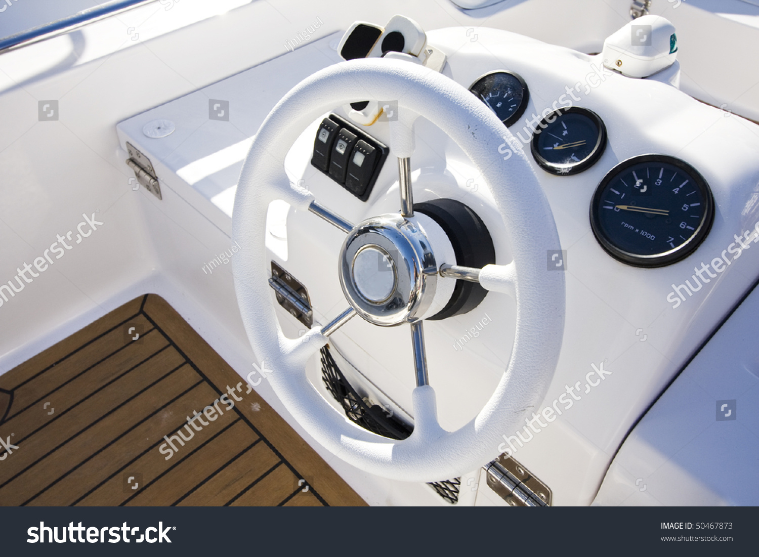 Stock Photo Instrument Panel And Steering Wheel Of A Motor Boat Cockpit Yacht Control Bridge