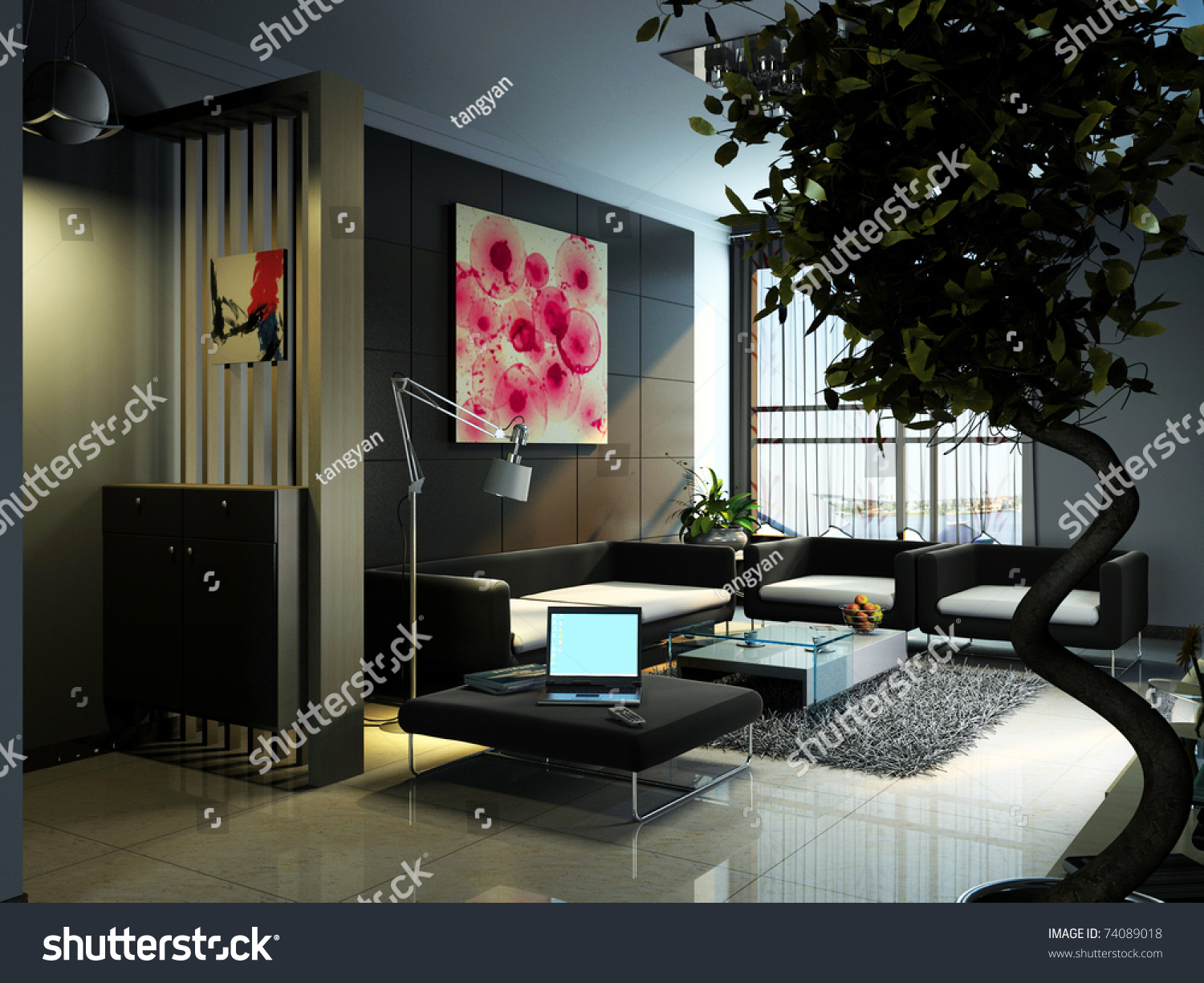 Interior Fashionable Living-Room Rendering Stock Photo 74089018