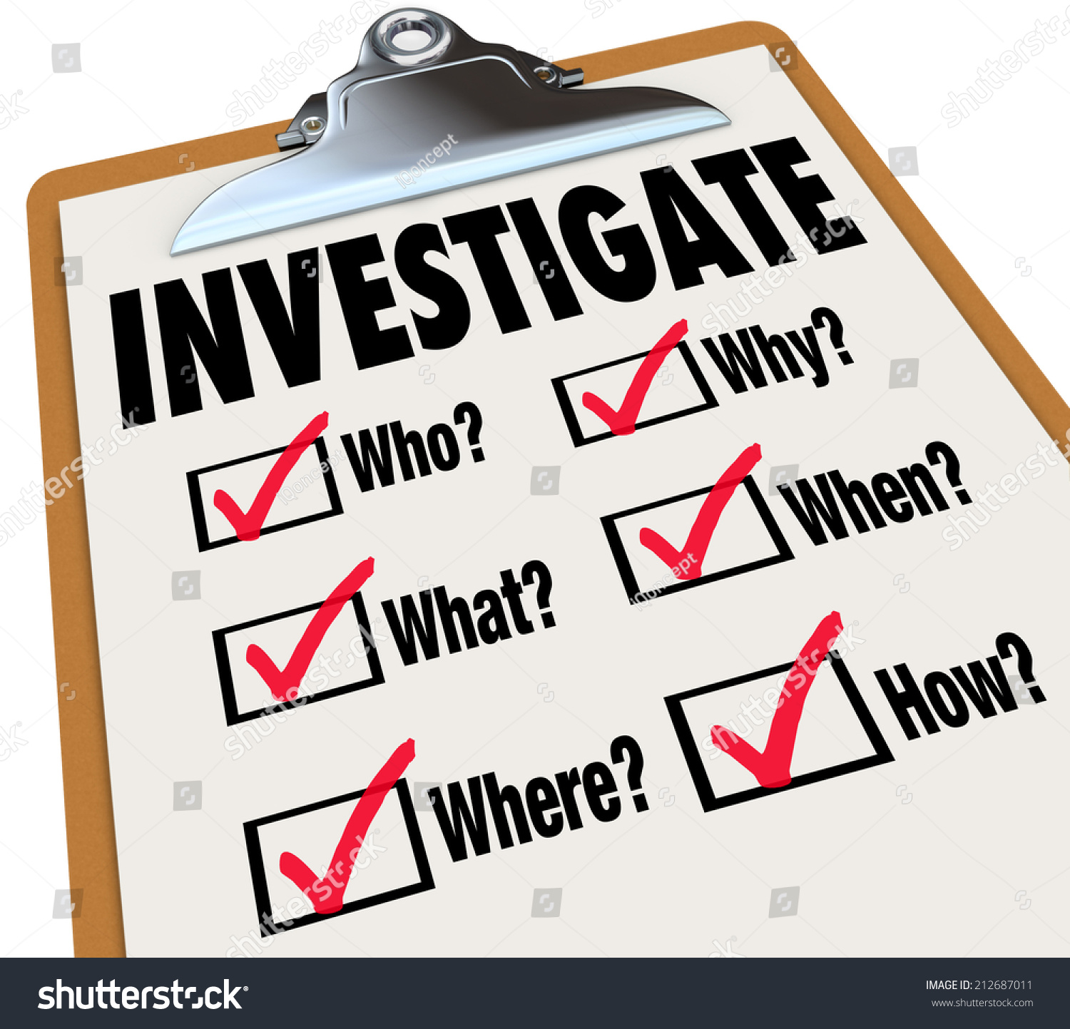 Investigate Word On A Checklist Asking Questions Who, What, Where, When ...