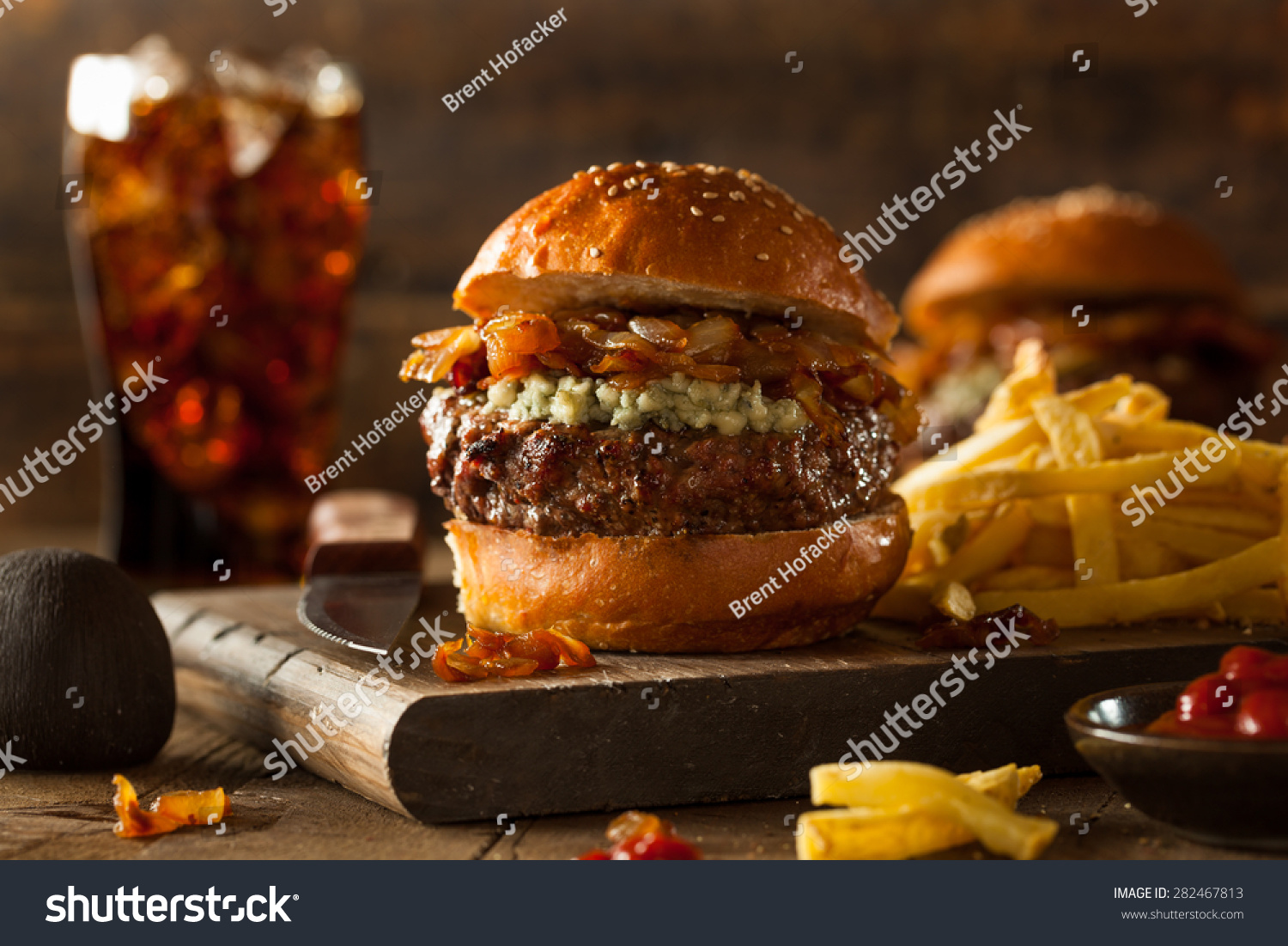 Juicy Blue Cheese Hamburger with Onions and Bacon Juicy Blue Cheese Hamburger with Onions and Bacon