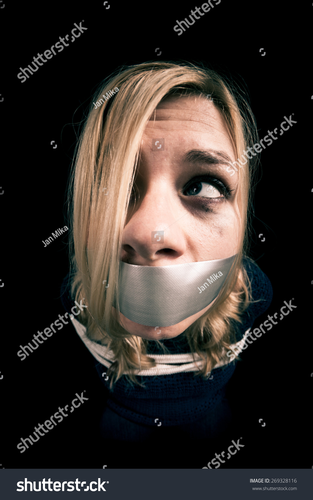Scared Kidnapped Man Hostage With Tape Over Mouth And Tied 