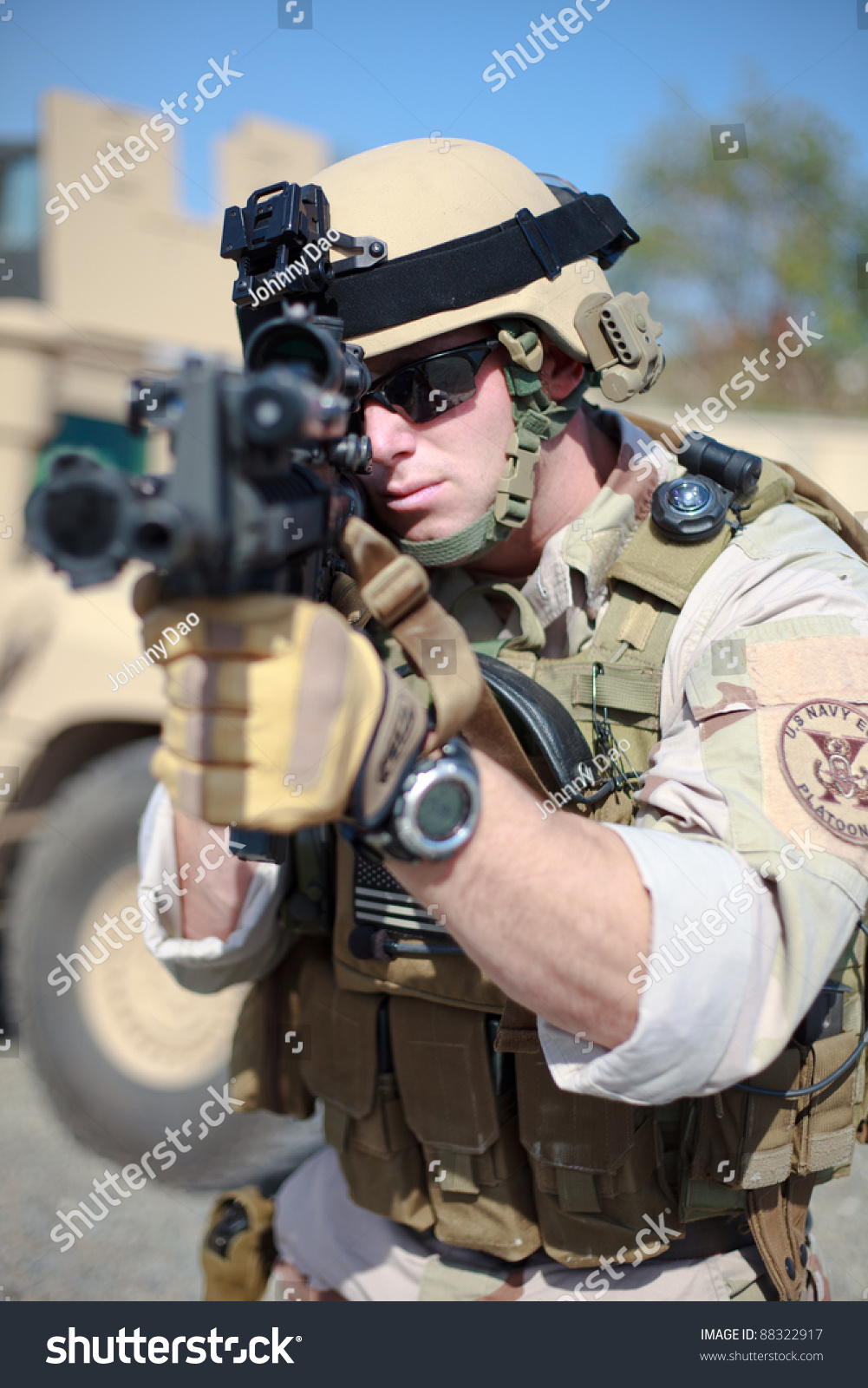 Kuwait - January 17: U.s. Navy Eod Aims His Rifle During A Training 