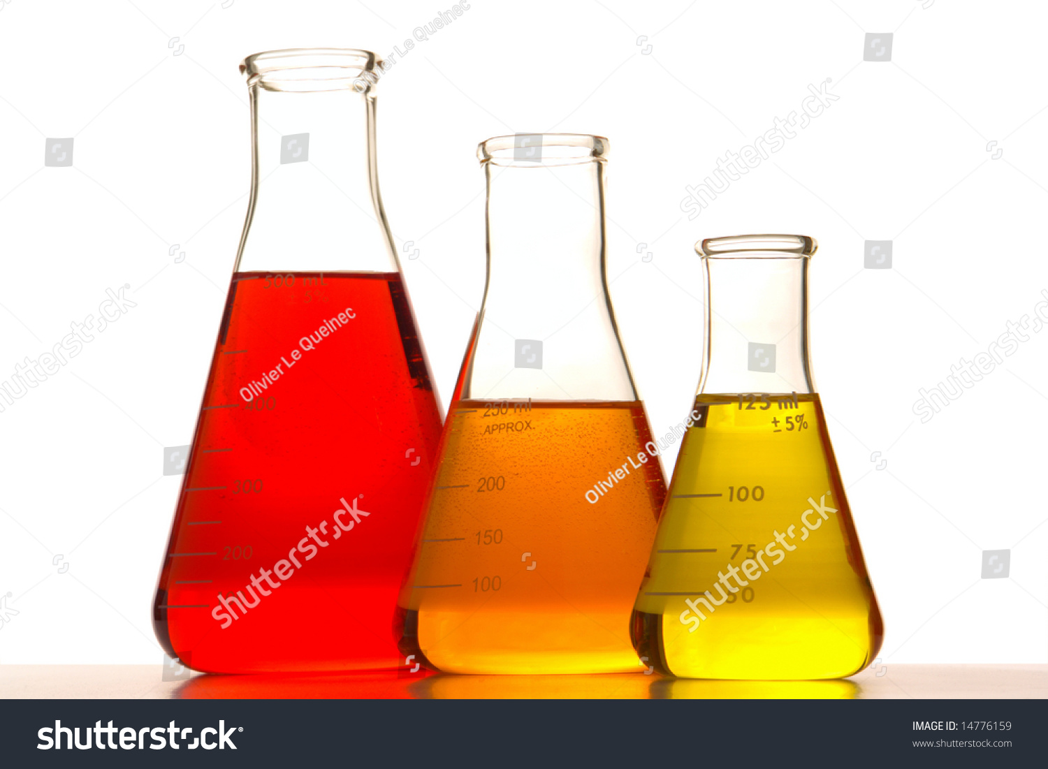 Laboratory Glass Conical Erlenmeyer Flasks Filled With Red And Yellow Liquid Chemical And Orange 5498