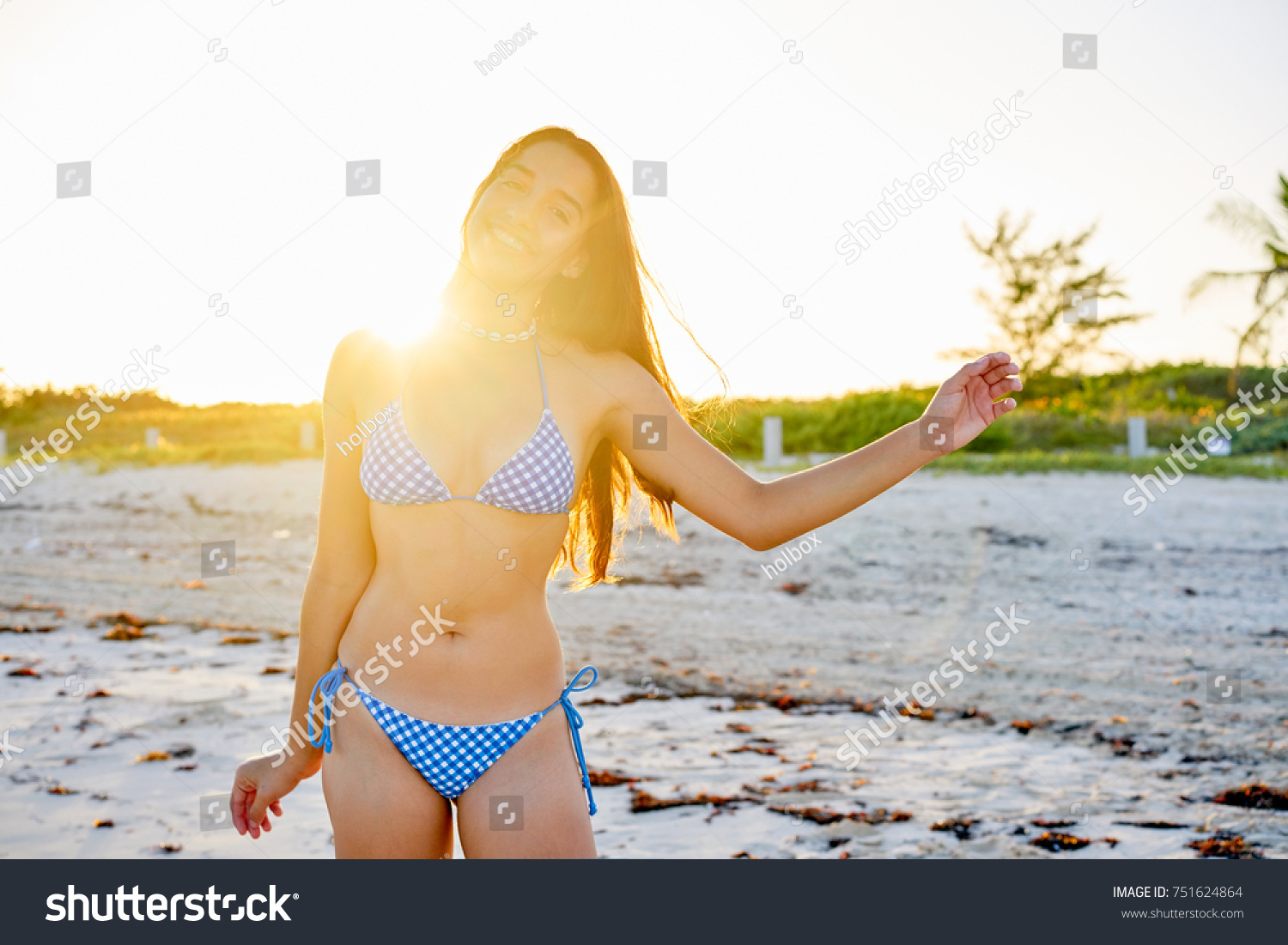 Latin Beautiful Bikini Girl Happy Caribbean Stock Photo