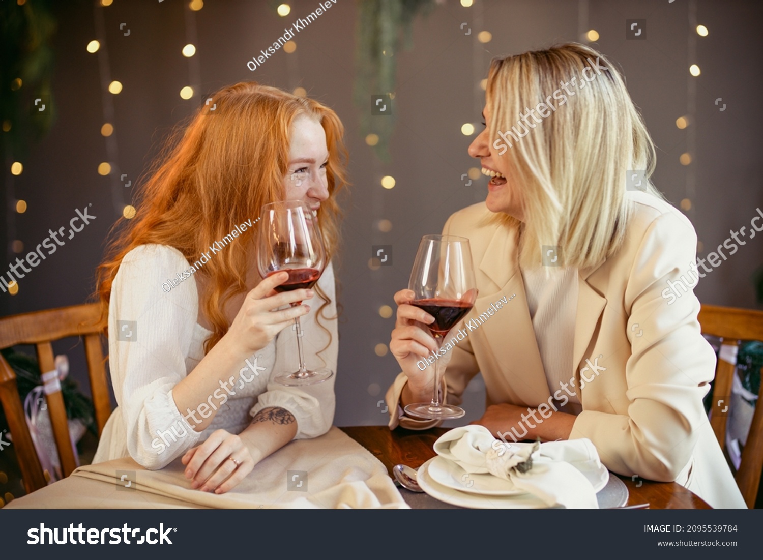 Lesbian Couple Having Dinner Restaurant Girls Stock Photo