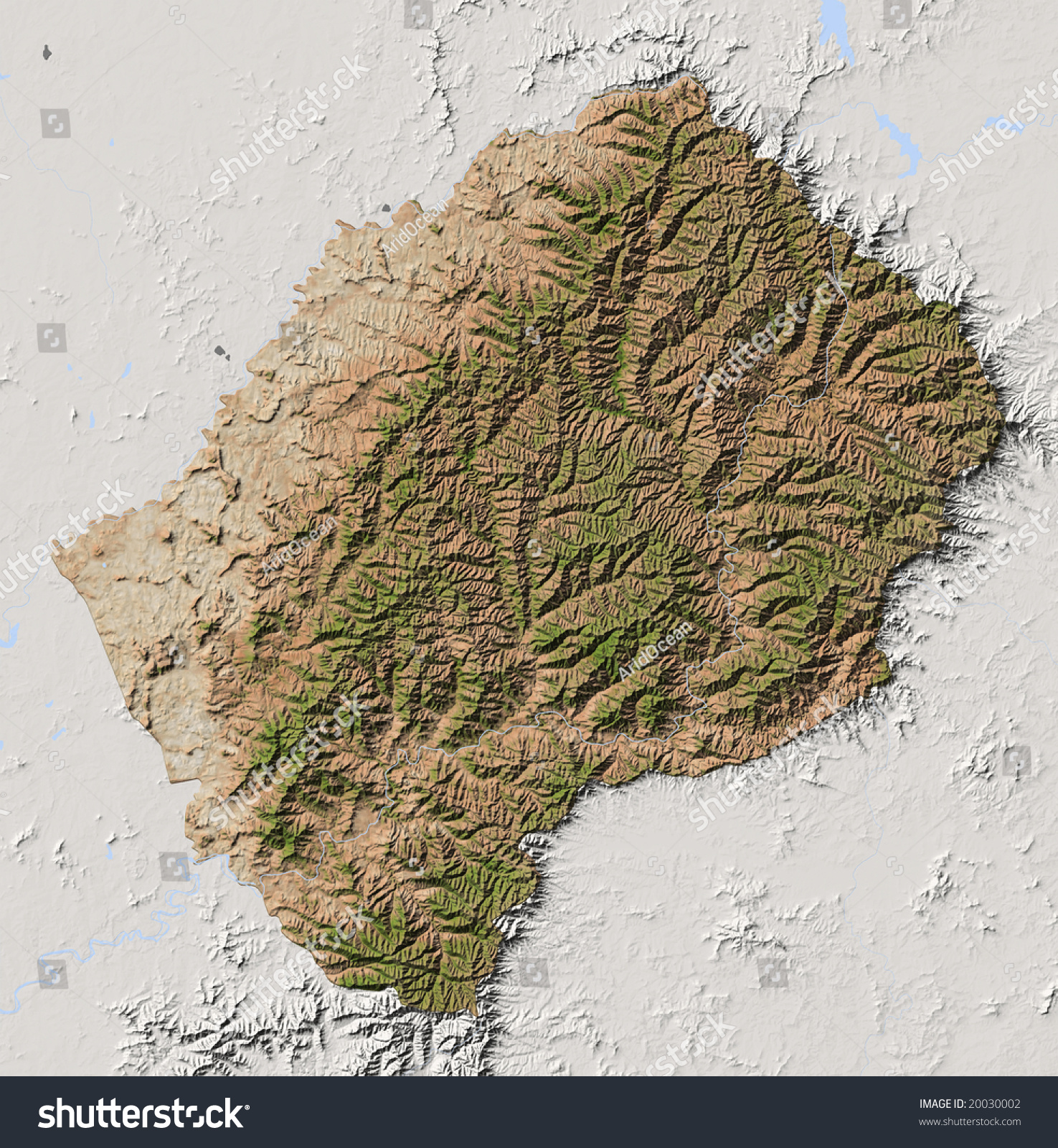 Lesotho Shaded Relief Map Surrounding Territory Stock Illustration