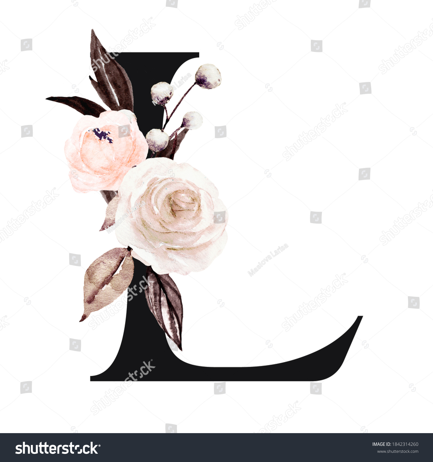 Letter L Floral Letterhead Alphabet Watercolor Stock Illustration