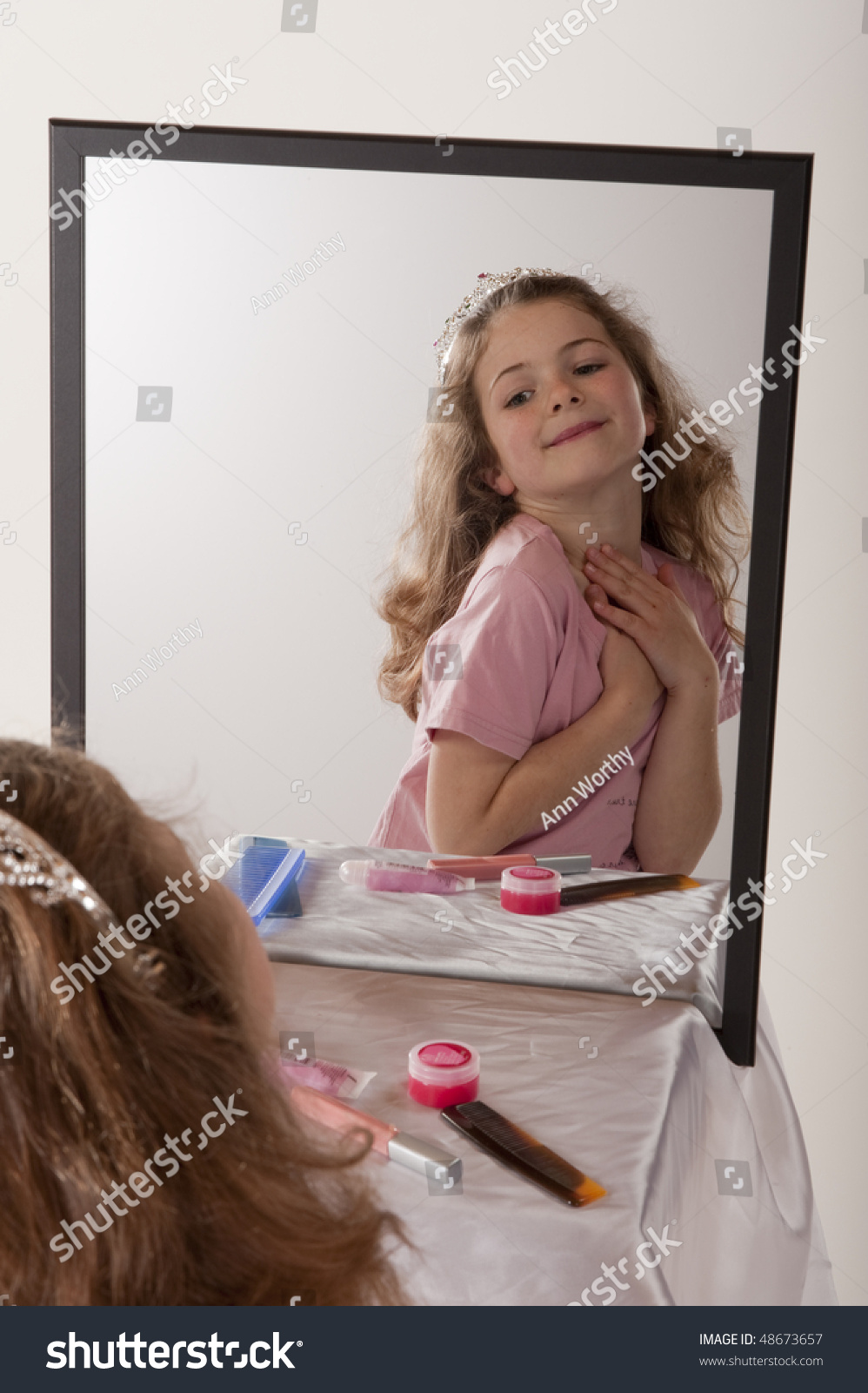 Little Girl Looking Herself Mirror While Stock Photo 48673657 ...