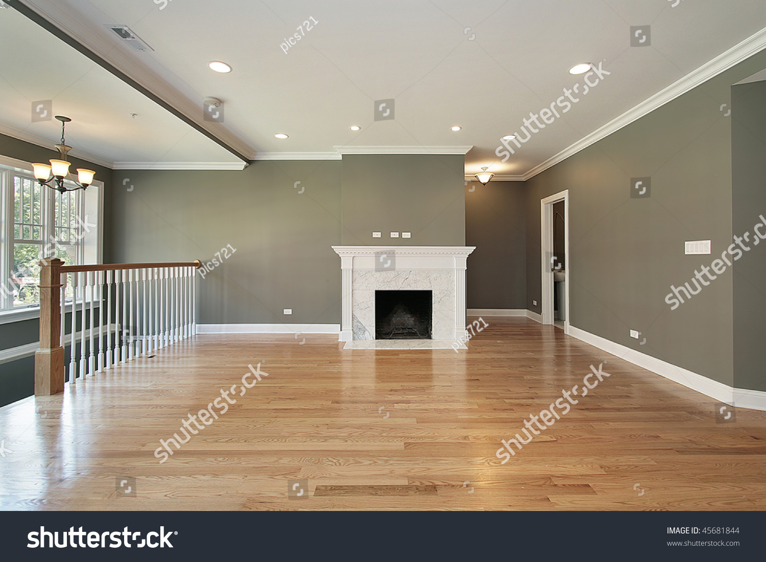 Living Room In Luxury Condo With White Railing Stock Photo 45681844