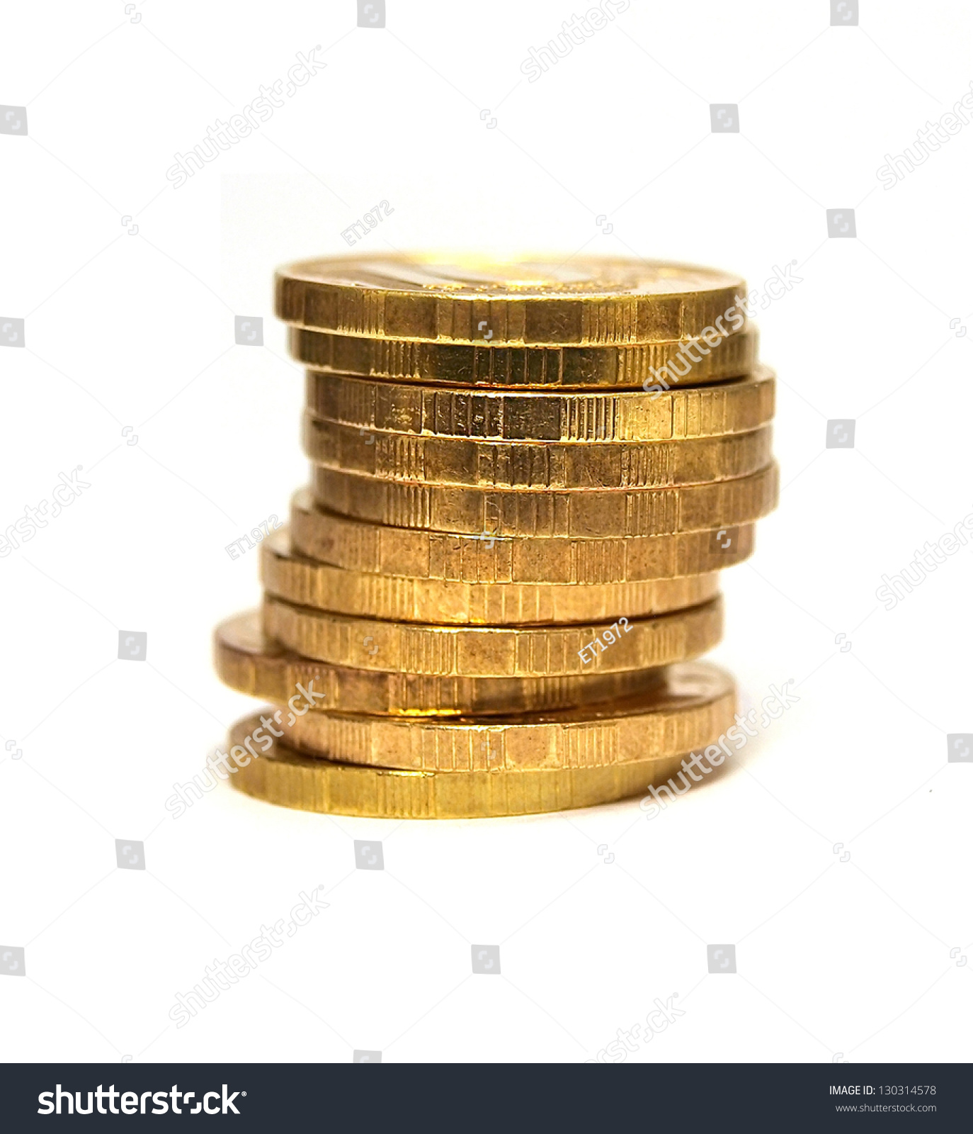 Looped Pile Of Gold Coins On A White Background Stock Photo 130314578