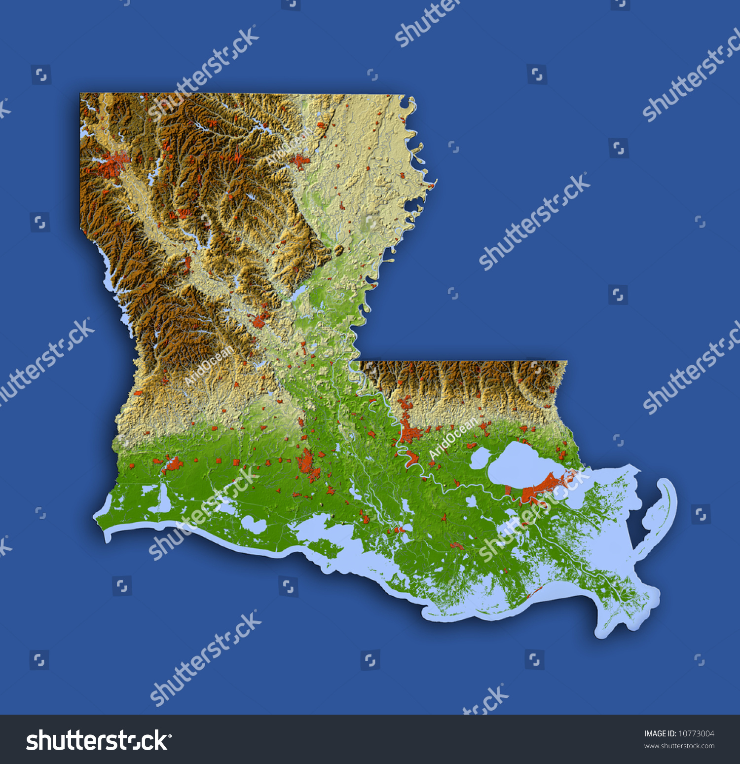 Louisiana. Shaded Relief Map. Shows Surrounding Ocean, Major Urban Areas And Rivers, Embossed On ...