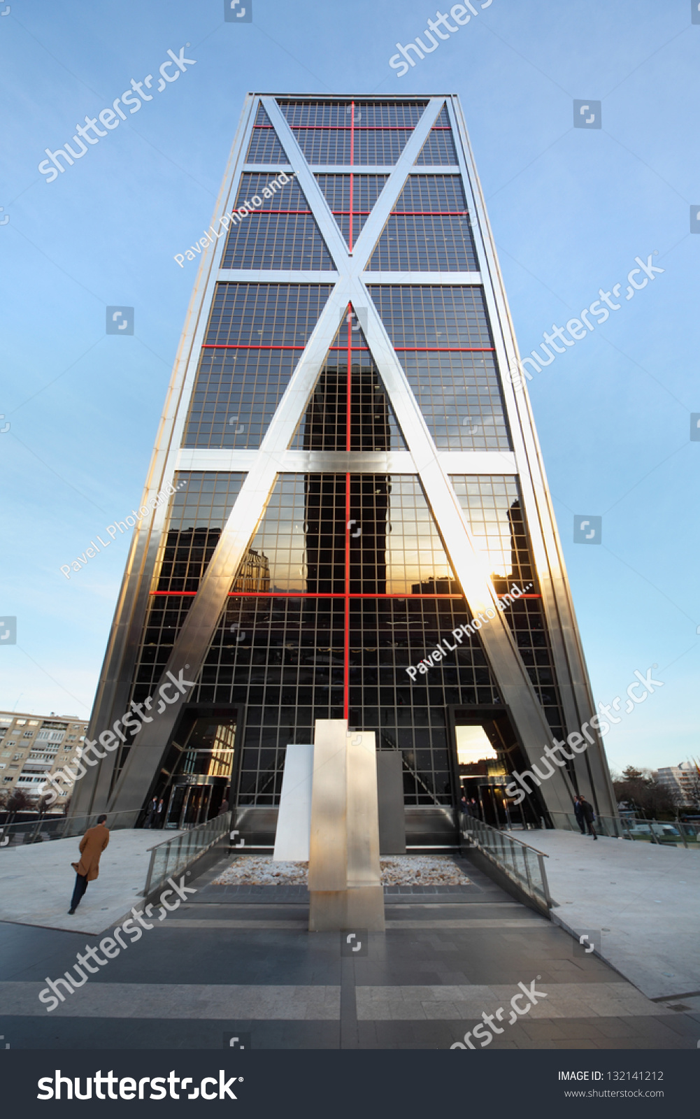 MADRID MARCH 8 One of two buildings Gate to Europe on March 8 2012 in Madrid Spain Towers are inclined to each other at angle of 15 degrees from vertical MADRID MARCH 8 One of two buildings Gate to Europe on March 8 2012 in Madrid Spain Towers are inclined to each other at angle of 15 degrees from vertical