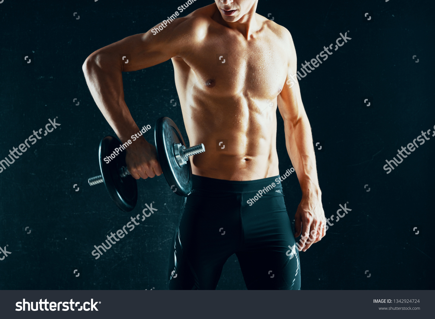 Male Athlete Muscular Naked Torso Dumbbells Stock Photo