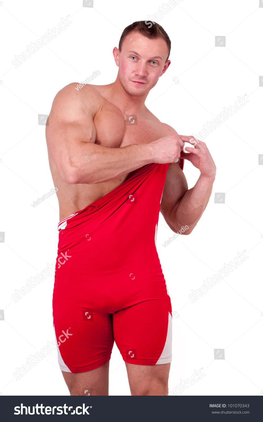 red jogger suit