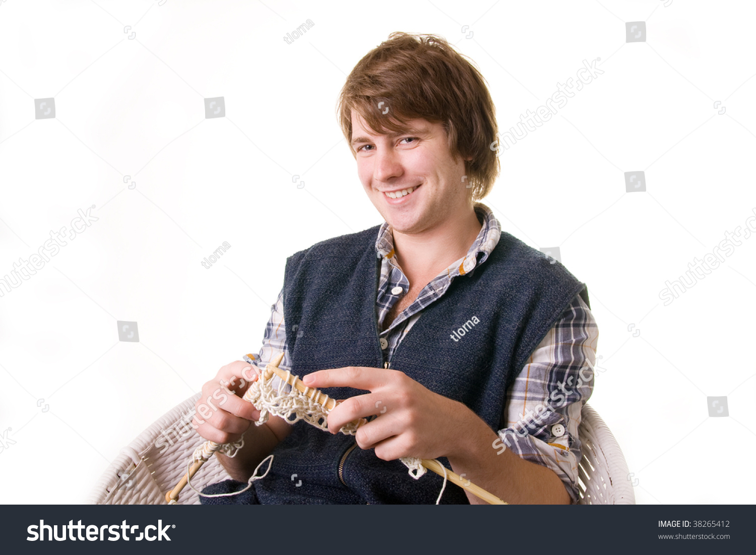 Man Knitting, Male Working On Craft Knit With Needles Isolated On White