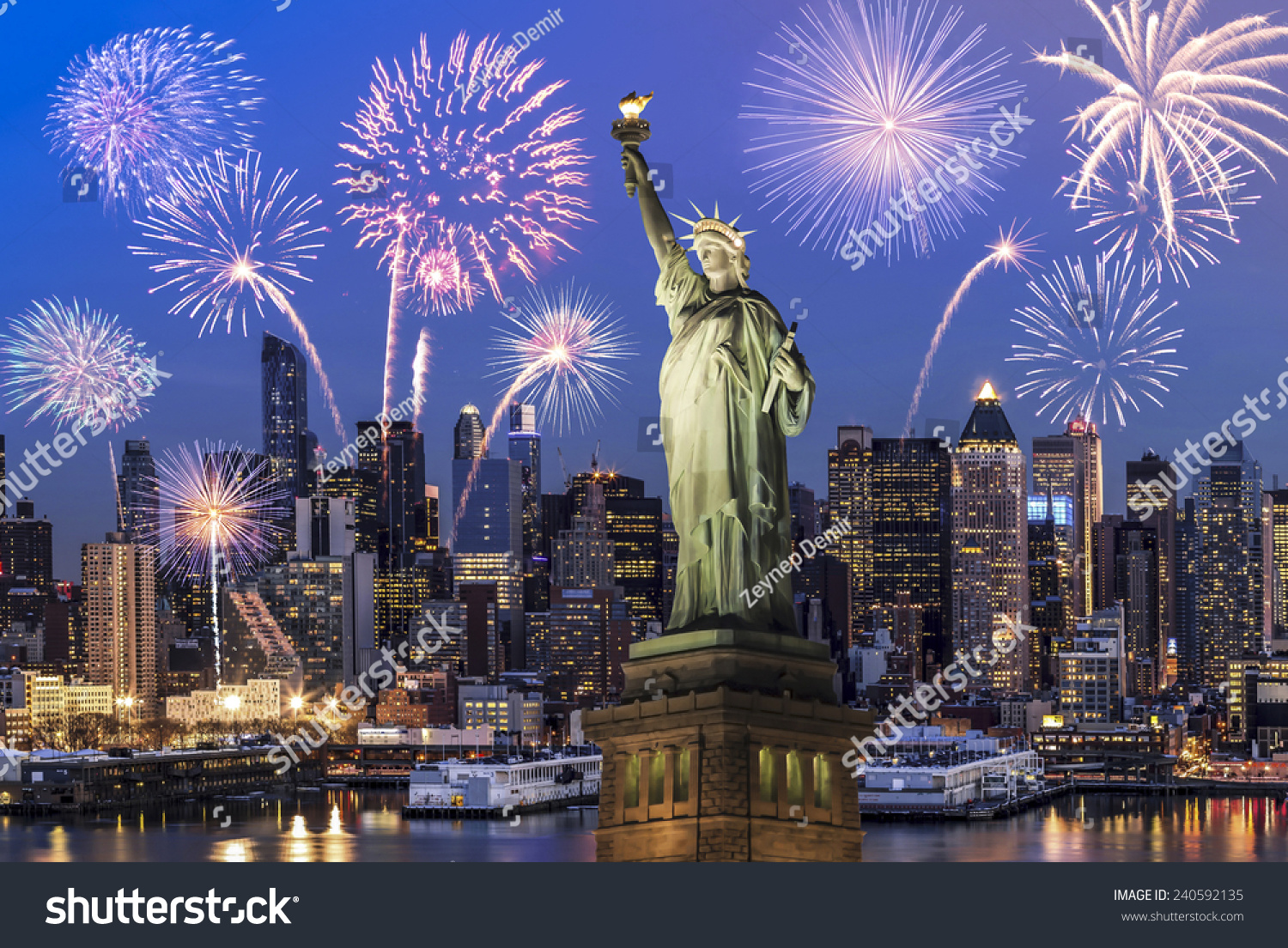 Manhattan Skyline, The Statue Of Liberty Fireworks At Night, New York