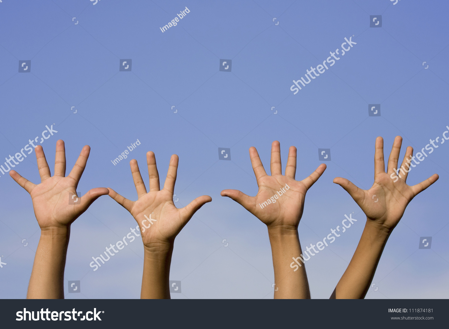 Many Hands Raised Blue Sky Stock Photo 111874181 Shutterstock