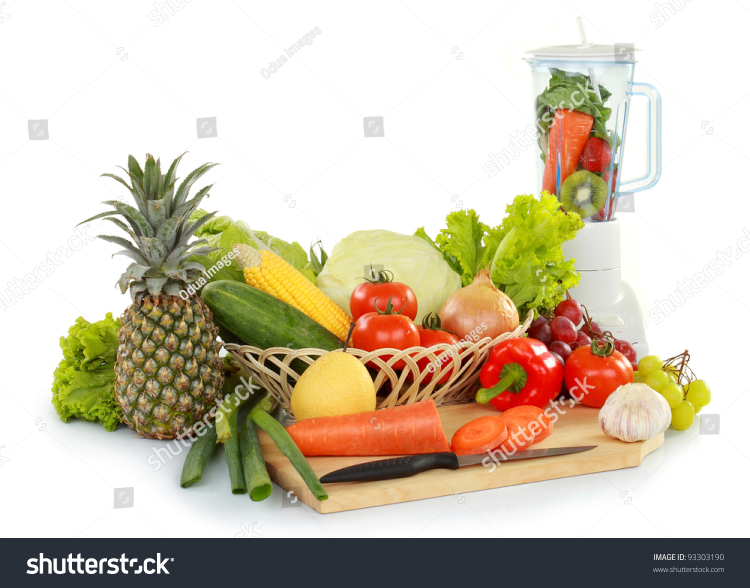 kitchen set with fruits and vegetables