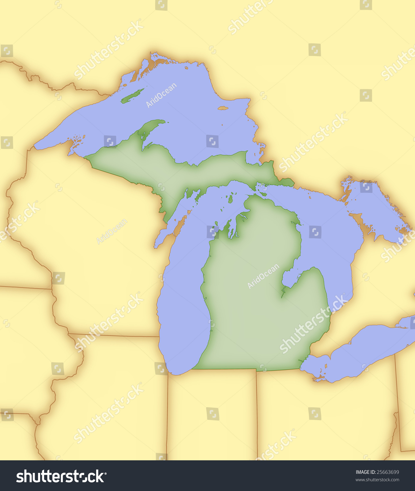 Map Of Michigan, With Borders Of Surrounding States. Stock Photo