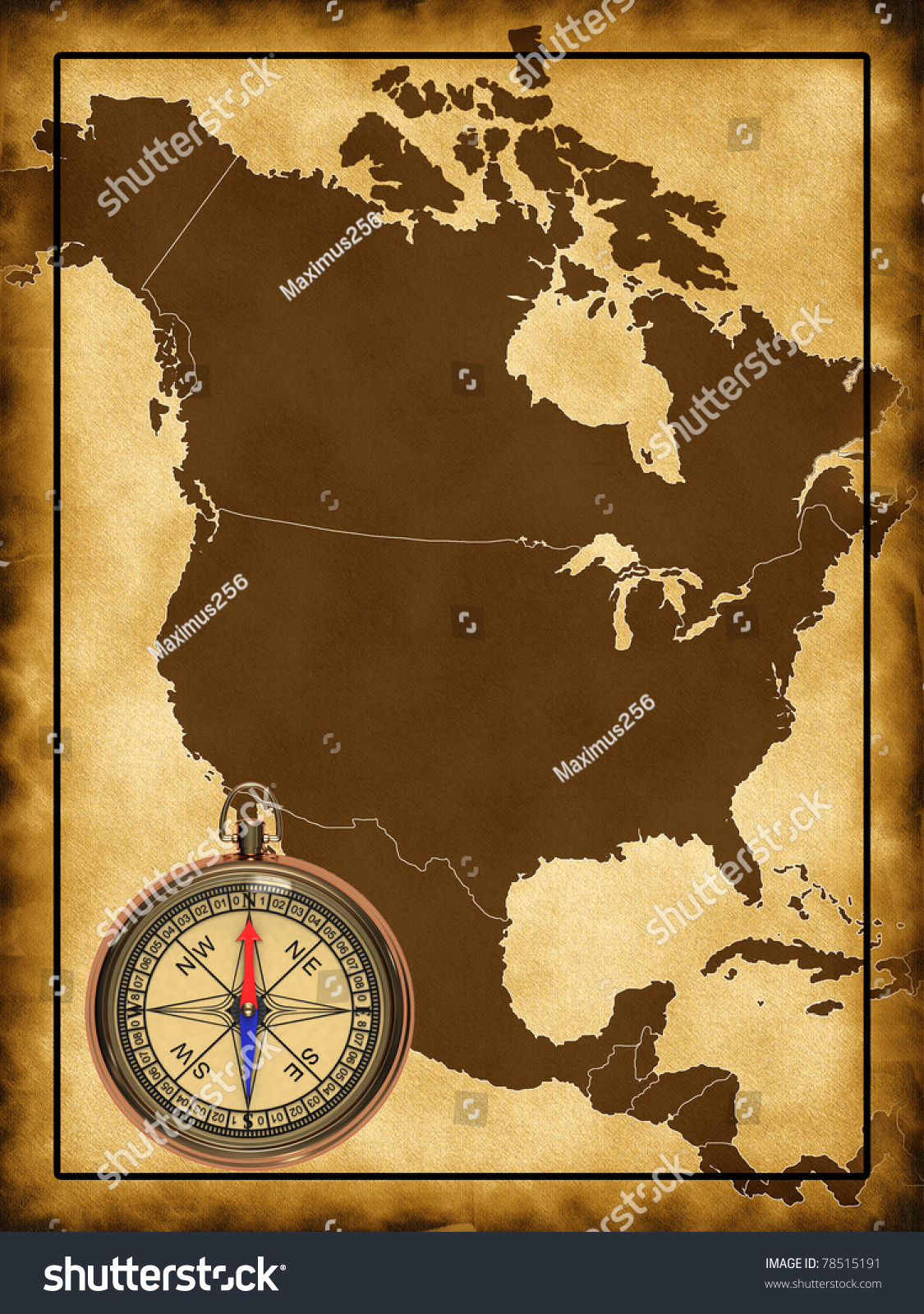 Map Of North America With The Compass Stock Photo 78515191 : Shutterstock