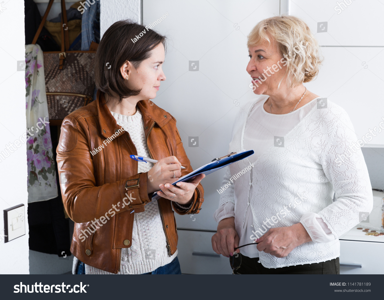 Mature Woman Answers Questions Interviewer Home Stock Photo 1141781189