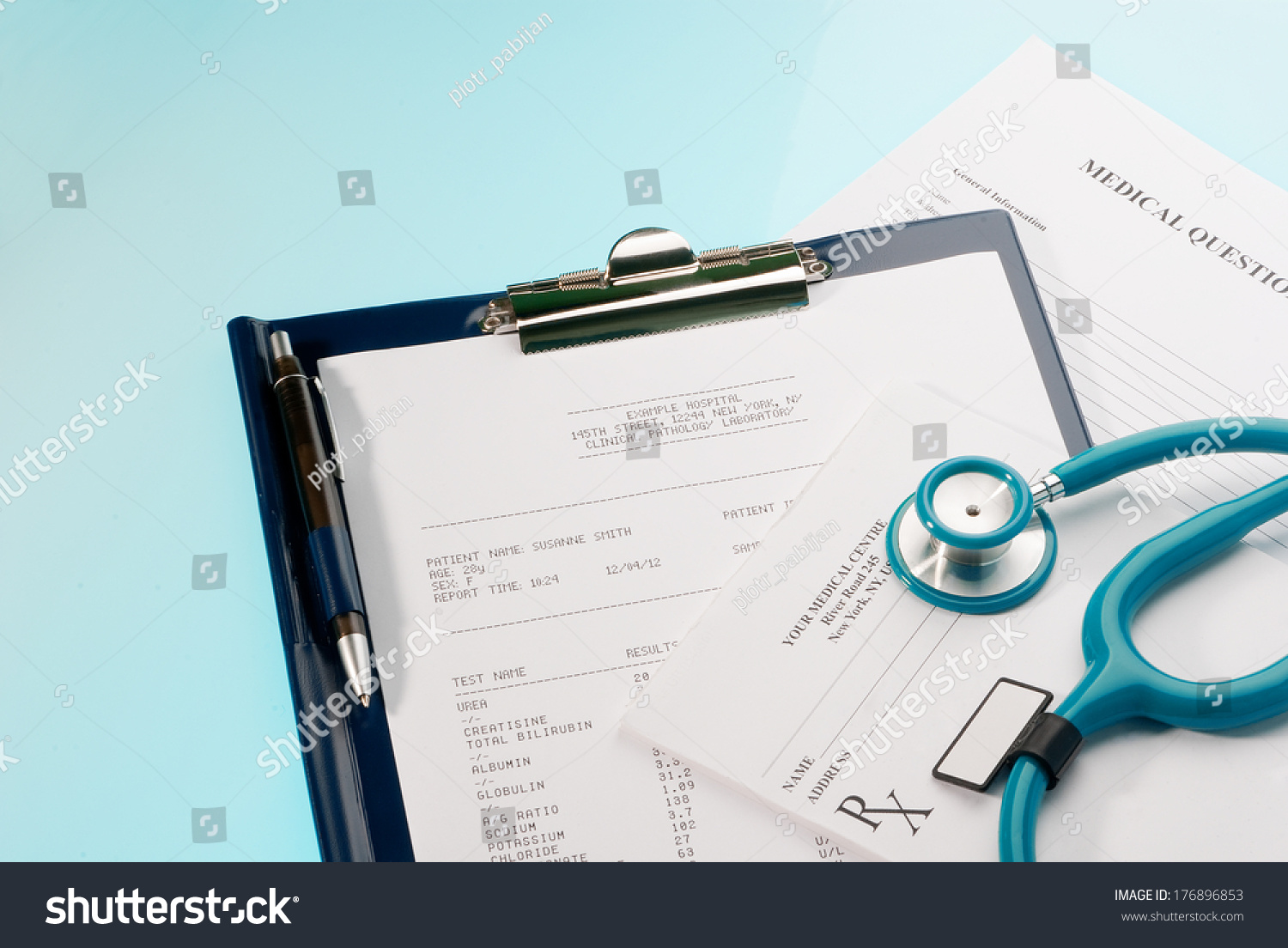 Medical documents medical questionnaire prescription and blood test with a stethoscope on blue background Medical documents medical questionnaire prescription and blood test with a stethoscope on blue background