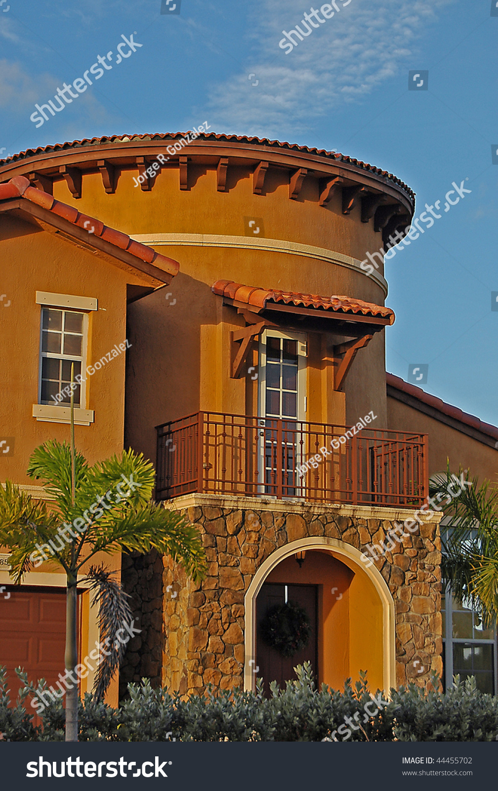 Mediterranean House With A Tower During Sunset Mediterranean House With A Tower During Sunset Stock Photo