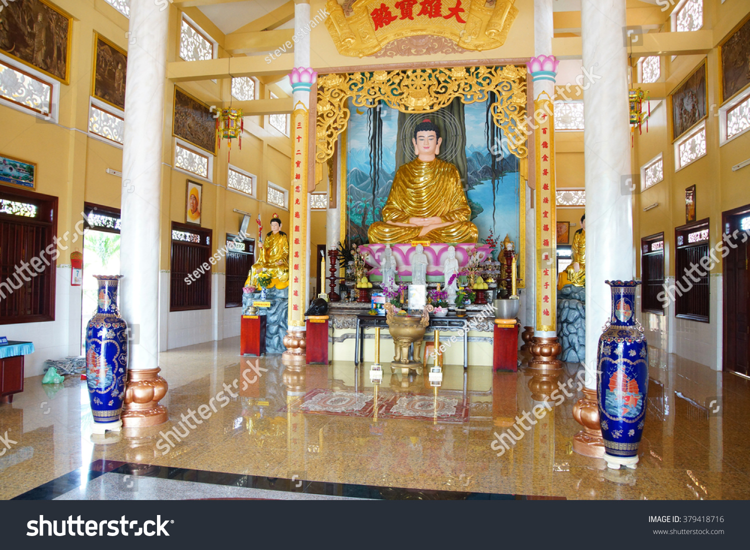 Mekong River, Vietnam - Feb 7, 2015 - Interior Of Temple With Buddha 