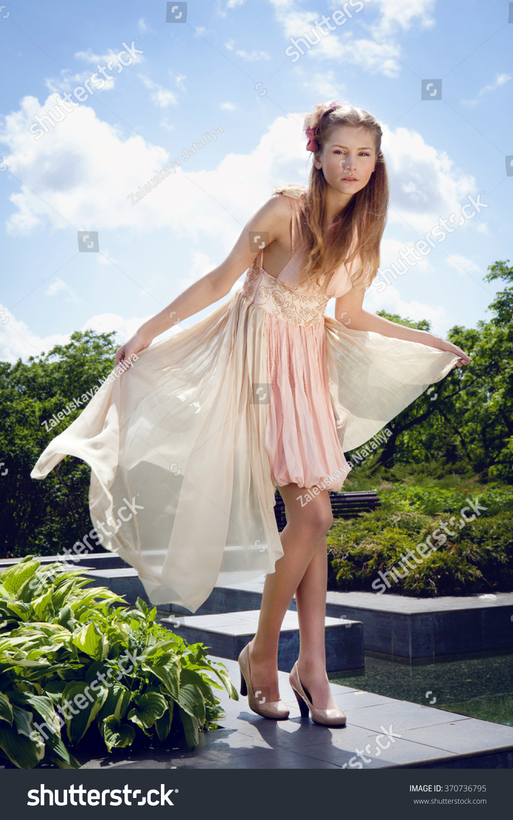 Model Woman Wearing Long Chiffon Dress Beauty Girl In