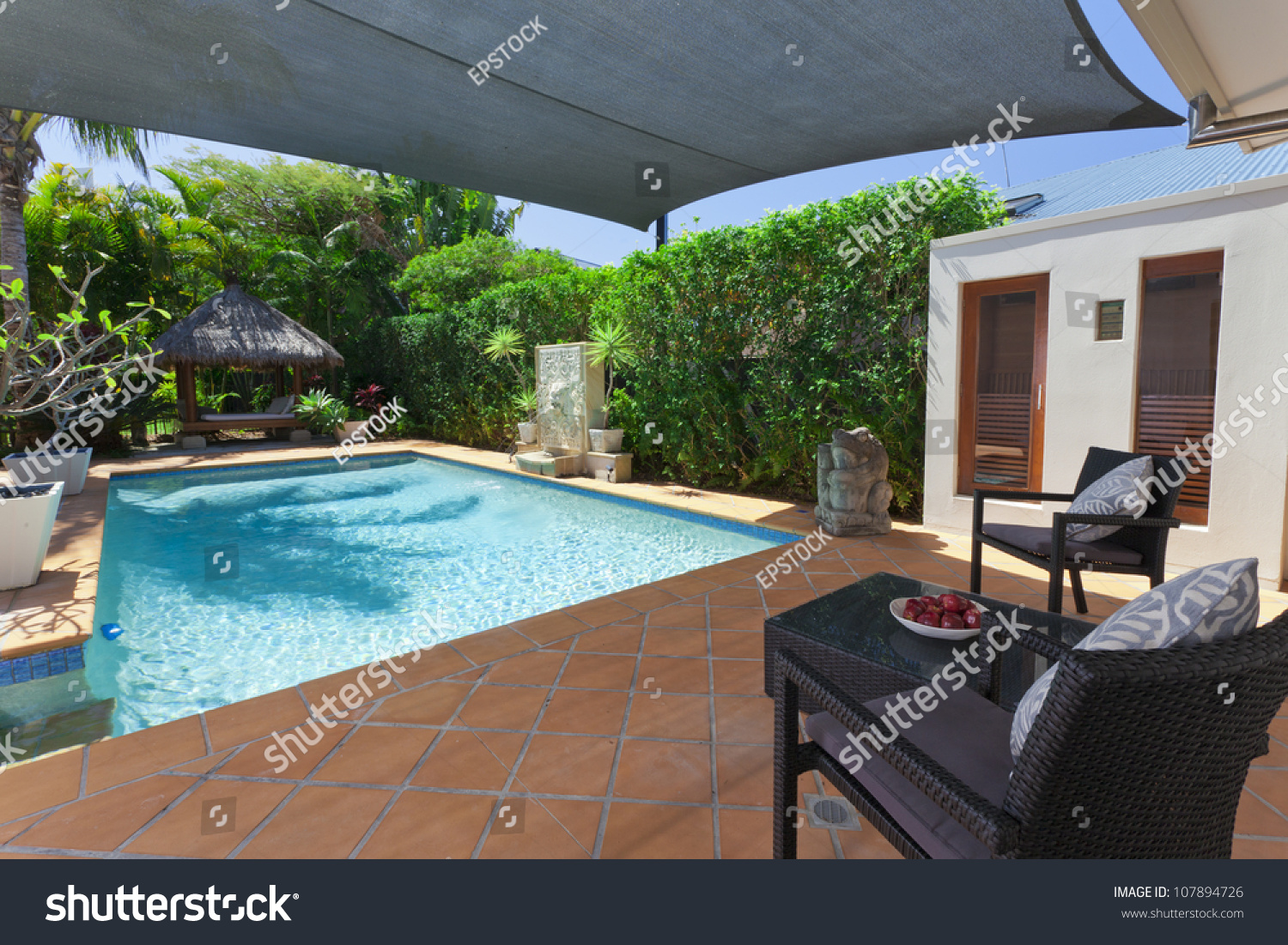 Modern Backyard Swimming Pool Bali Hut Stock Photo ...