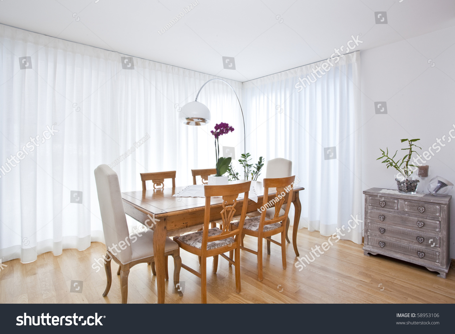 white curtains in dining room