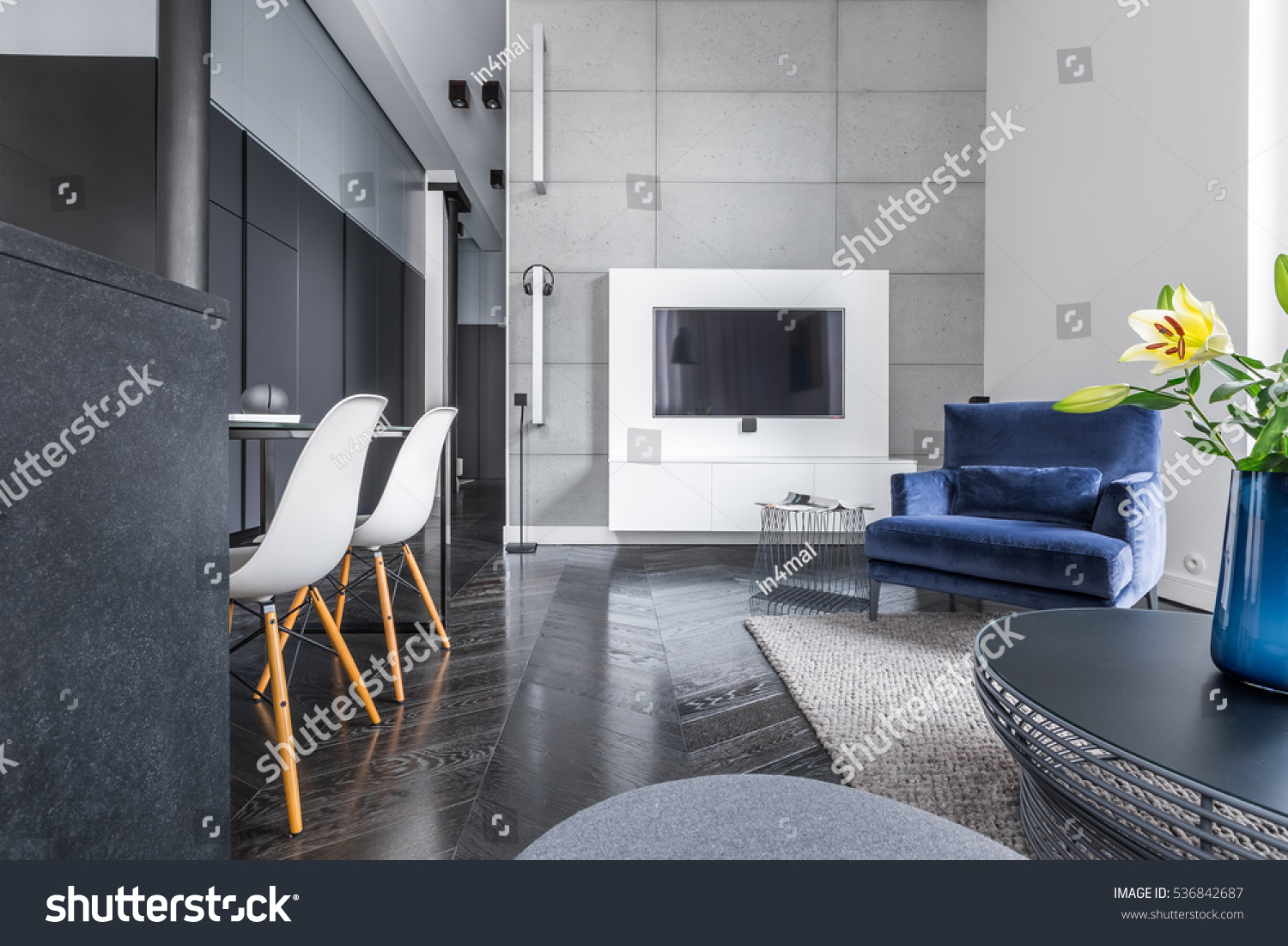 Modern studio flat with black wardrobe table tv and sofa Modern studio flat with black wardrobe table tv and sofa